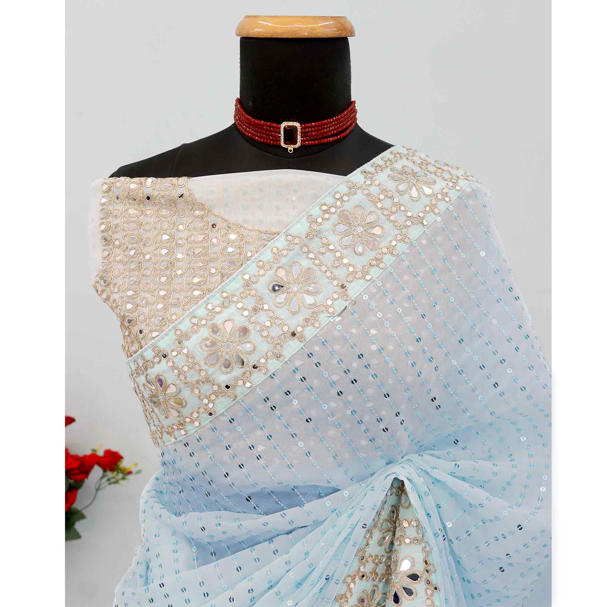 Sky Blue Faux Georgette Saree Adorned with Sequins Work and Elegant Embellishments - Image 4