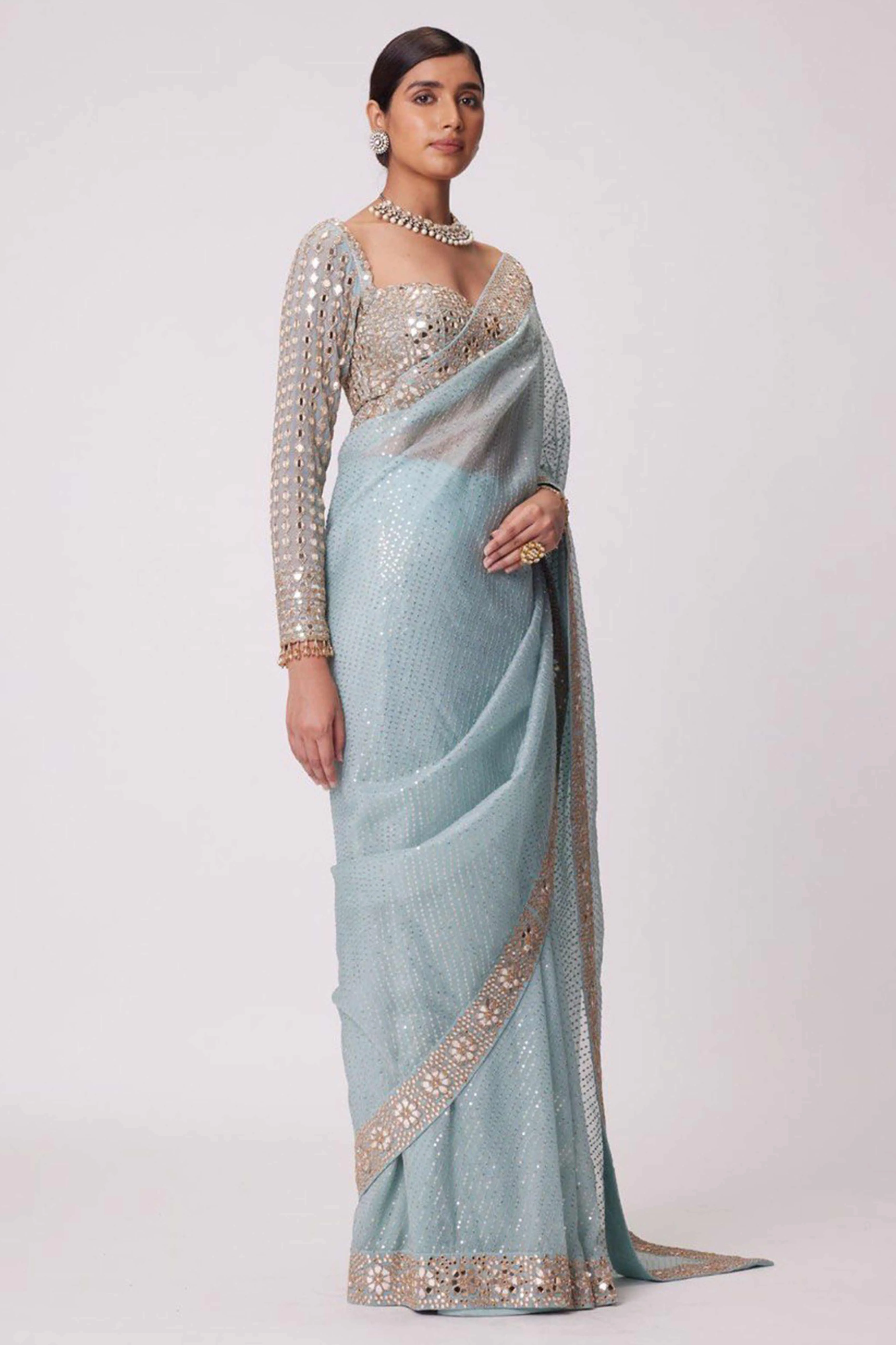 Sky Blue Faux Georgette Saree Adorned with Sequins Work and Elegant Embellishments - Image 7