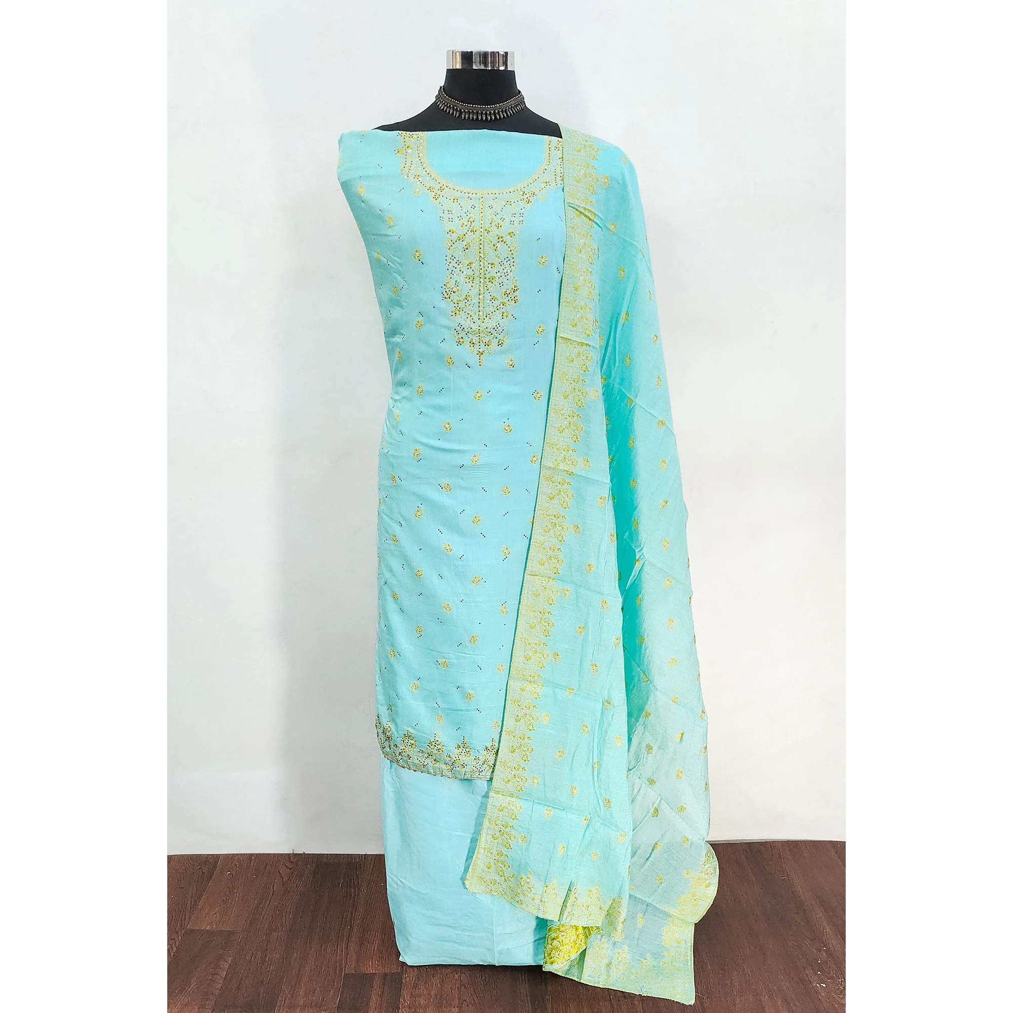 Sky Blue Floral Banarasi Silk Dress Material with Rich Zari Weaving - Image 3