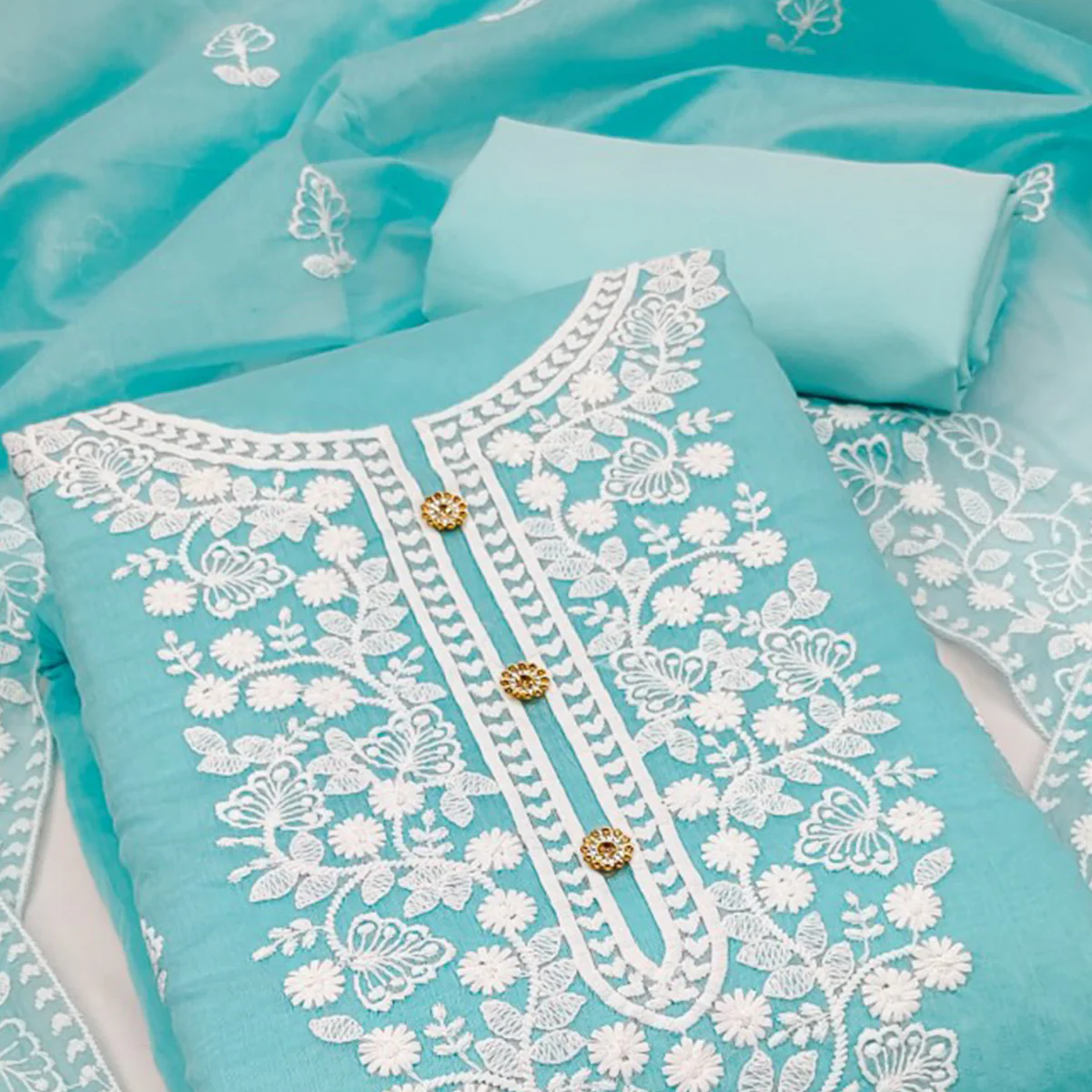 Sky Blue Floral Embroidered Chanderi Cotton Dress Material - Image 2
