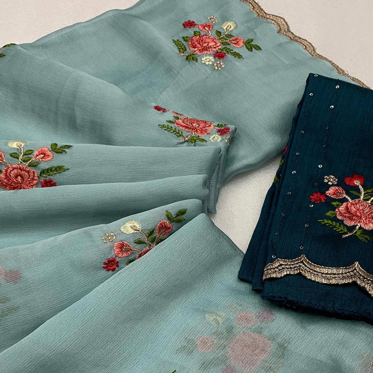 Sky Blue Floral Embroidered Chiffon Saree - Image 2