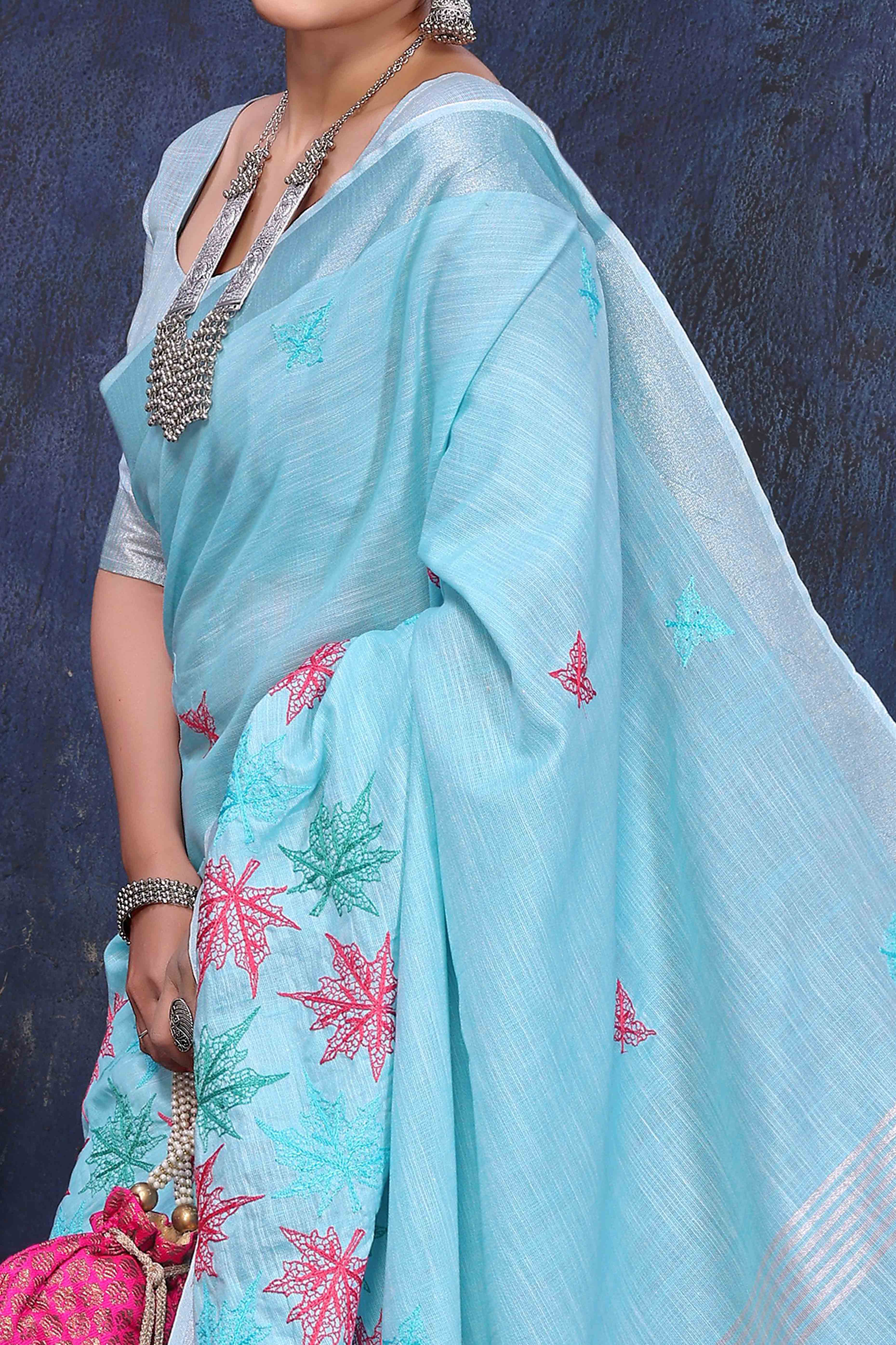 Sky Blue Floral Embroidered Cotton Silk Saree - Image 2