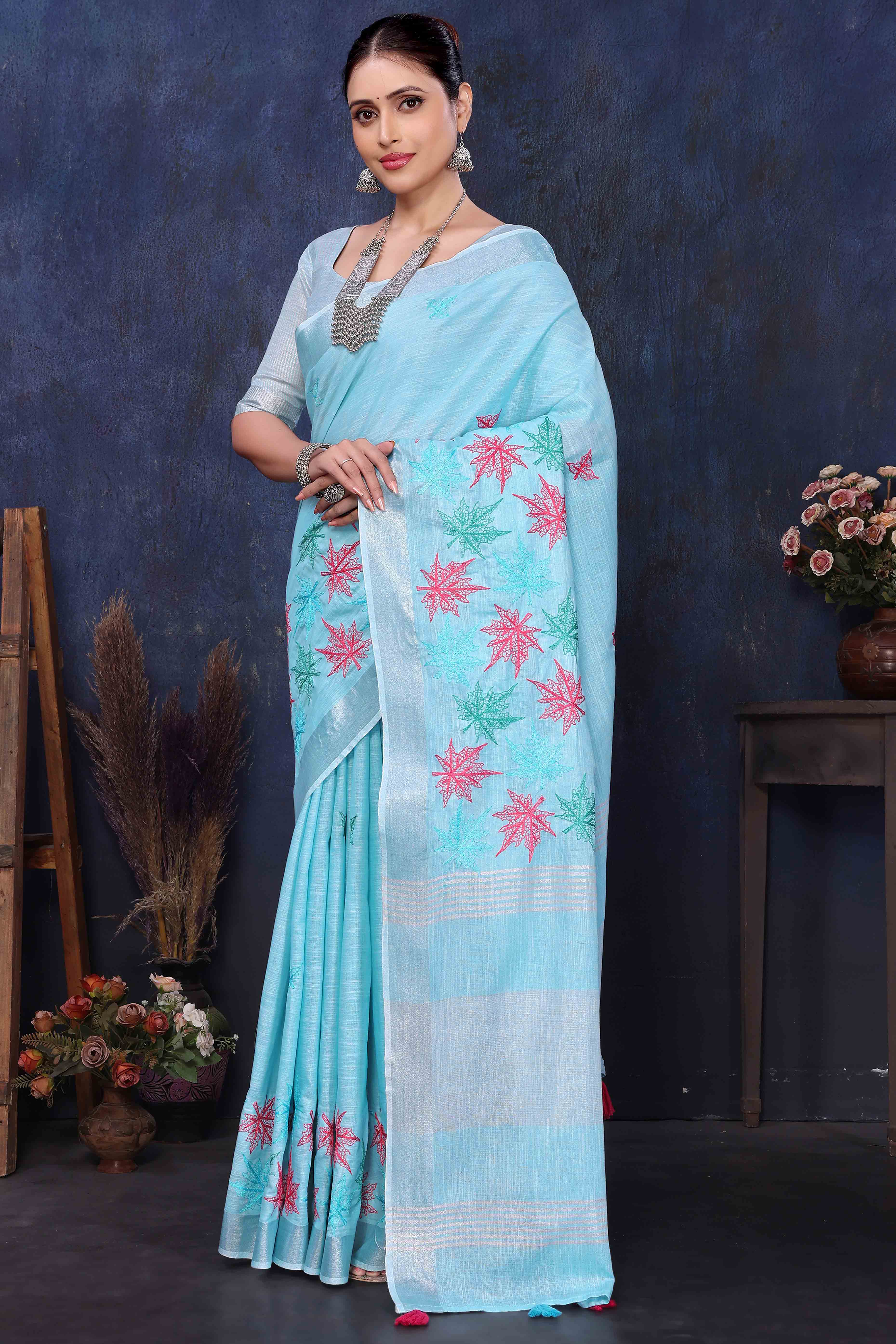 Sky Blue Floral Embroidered Cotton Silk Saree - Image 3