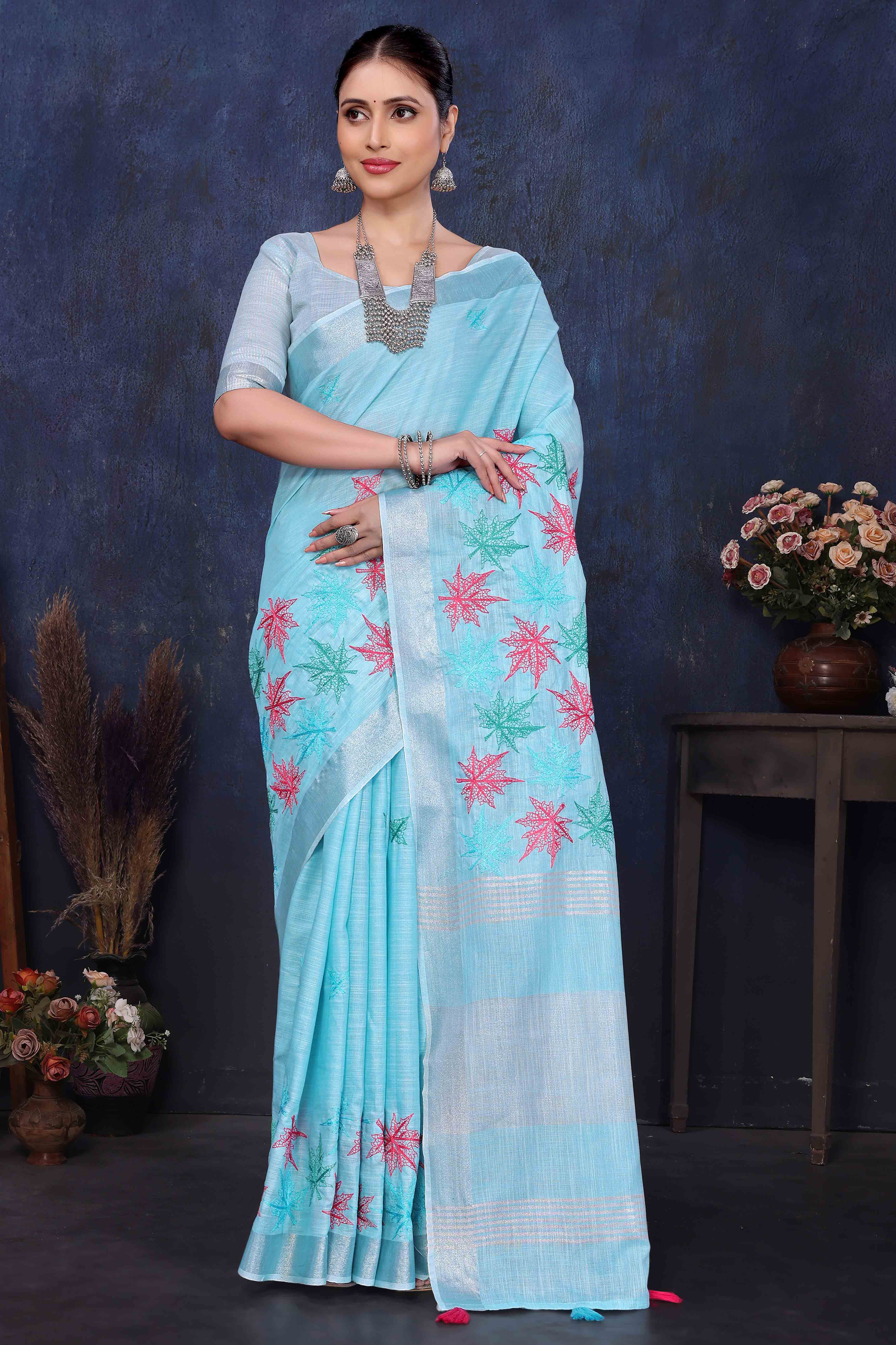 Sky Blue Floral Embroidered Cotton Silk Saree - Image 4