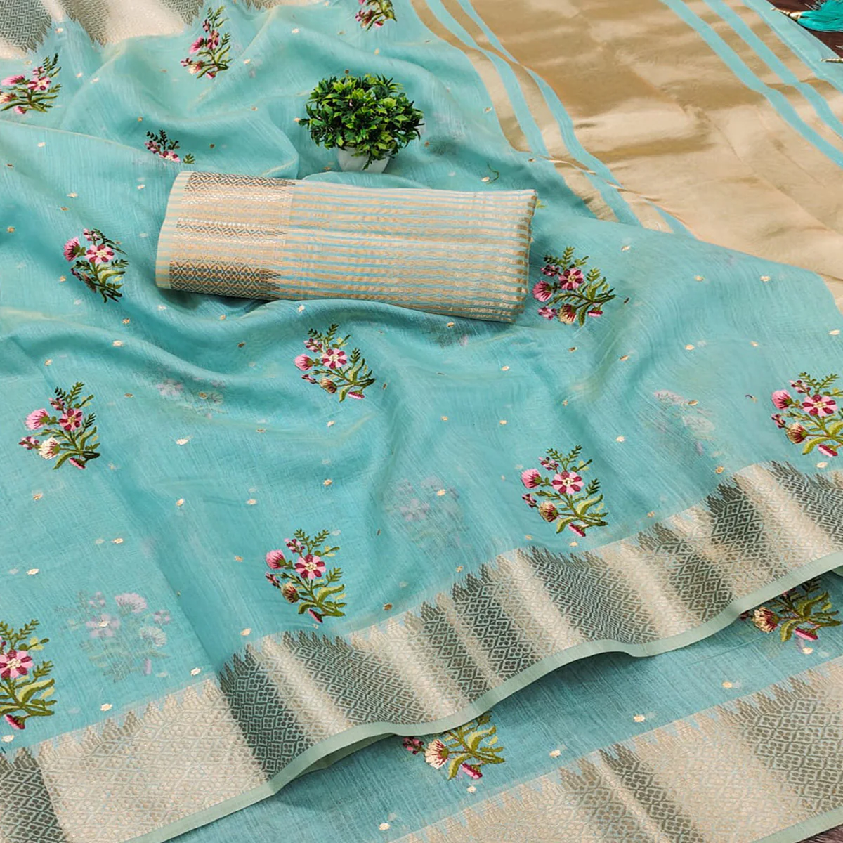 Sky Blue Floral Embroidered Cotton Silk Saree With Zari Border - Image 2