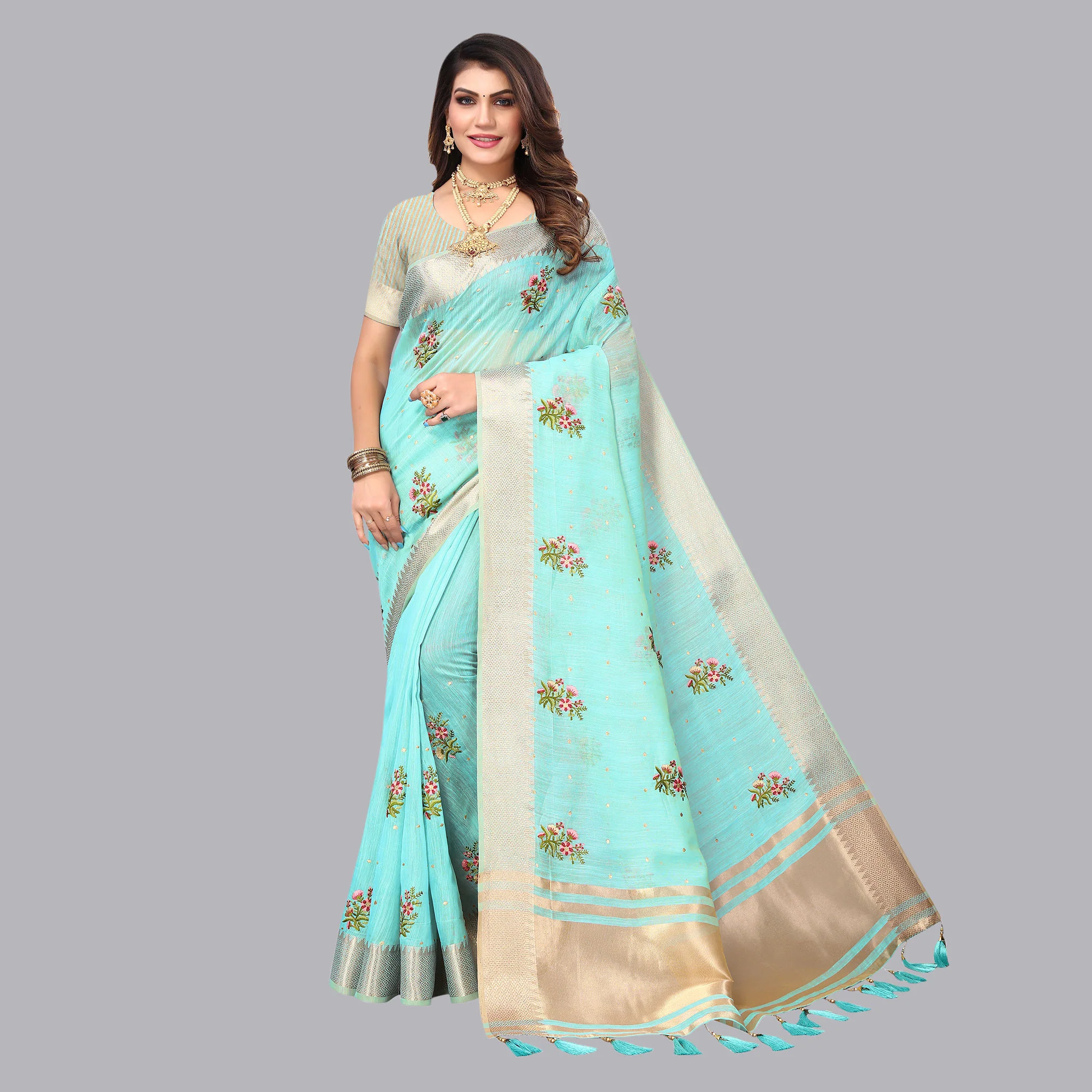 Sky Blue Floral Embroidered Cotton Silk Saree With Zari Border - Image 3