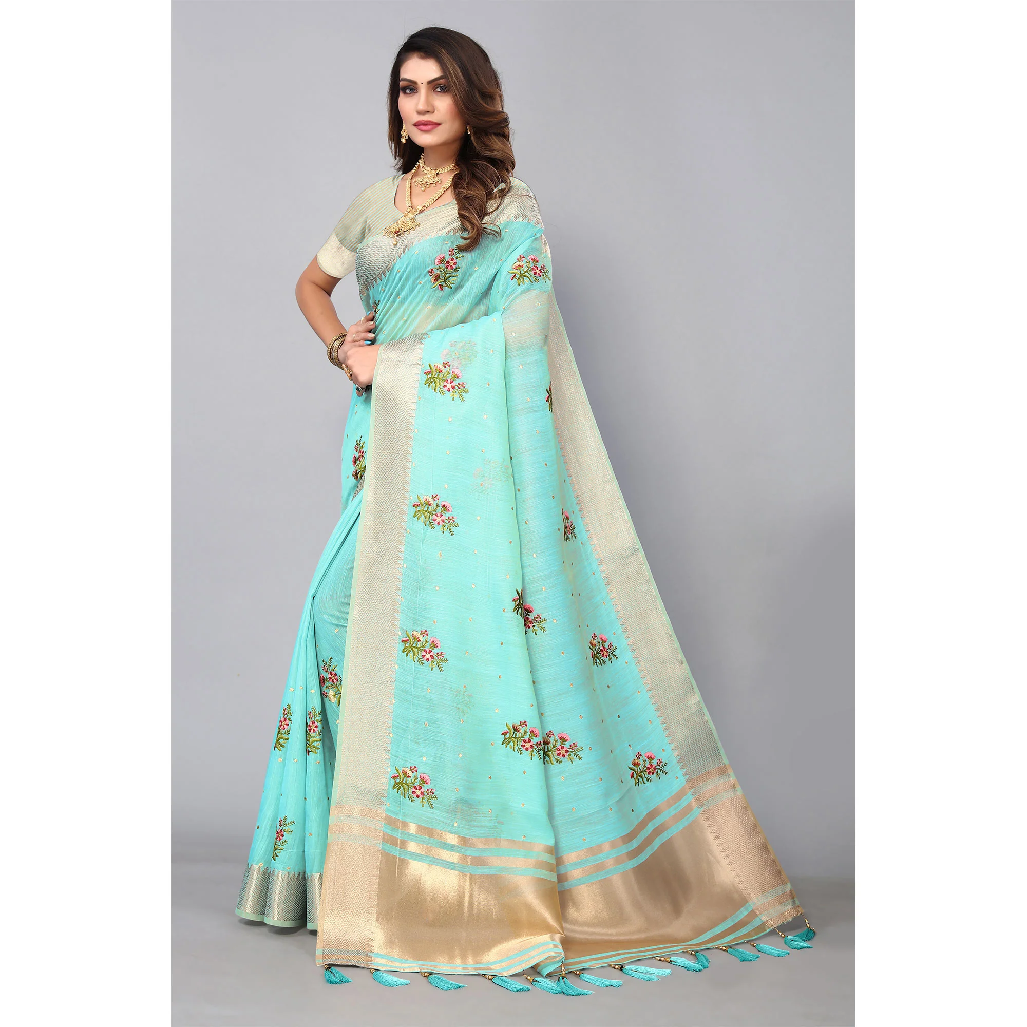 Sky Blue Floral Embroidered Cotton Silk Saree With Zari Border - Image 4