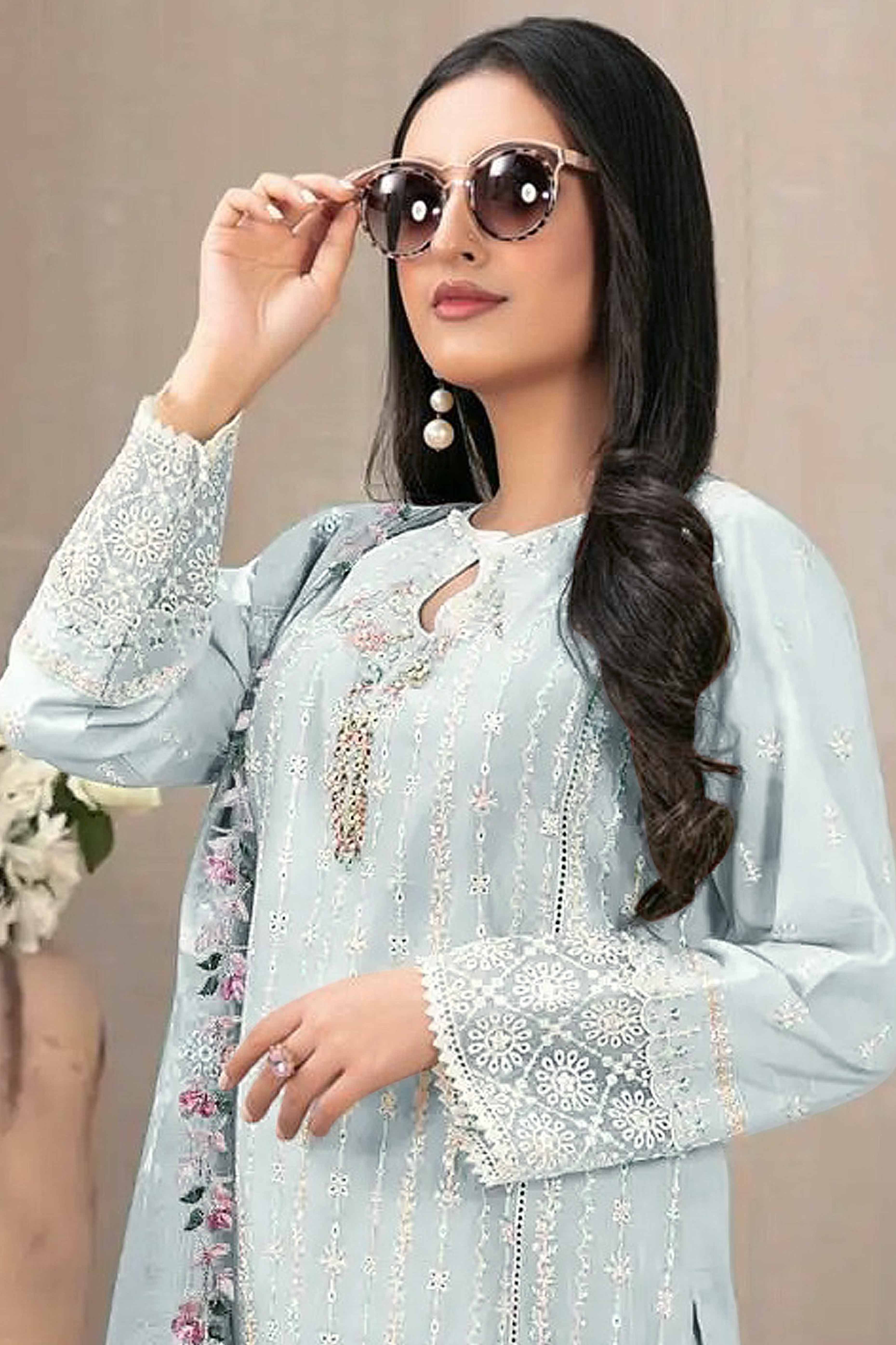 Sky Blue Floral Embroidered Georgette Semi Stitched Pakistani Suit - Image 3