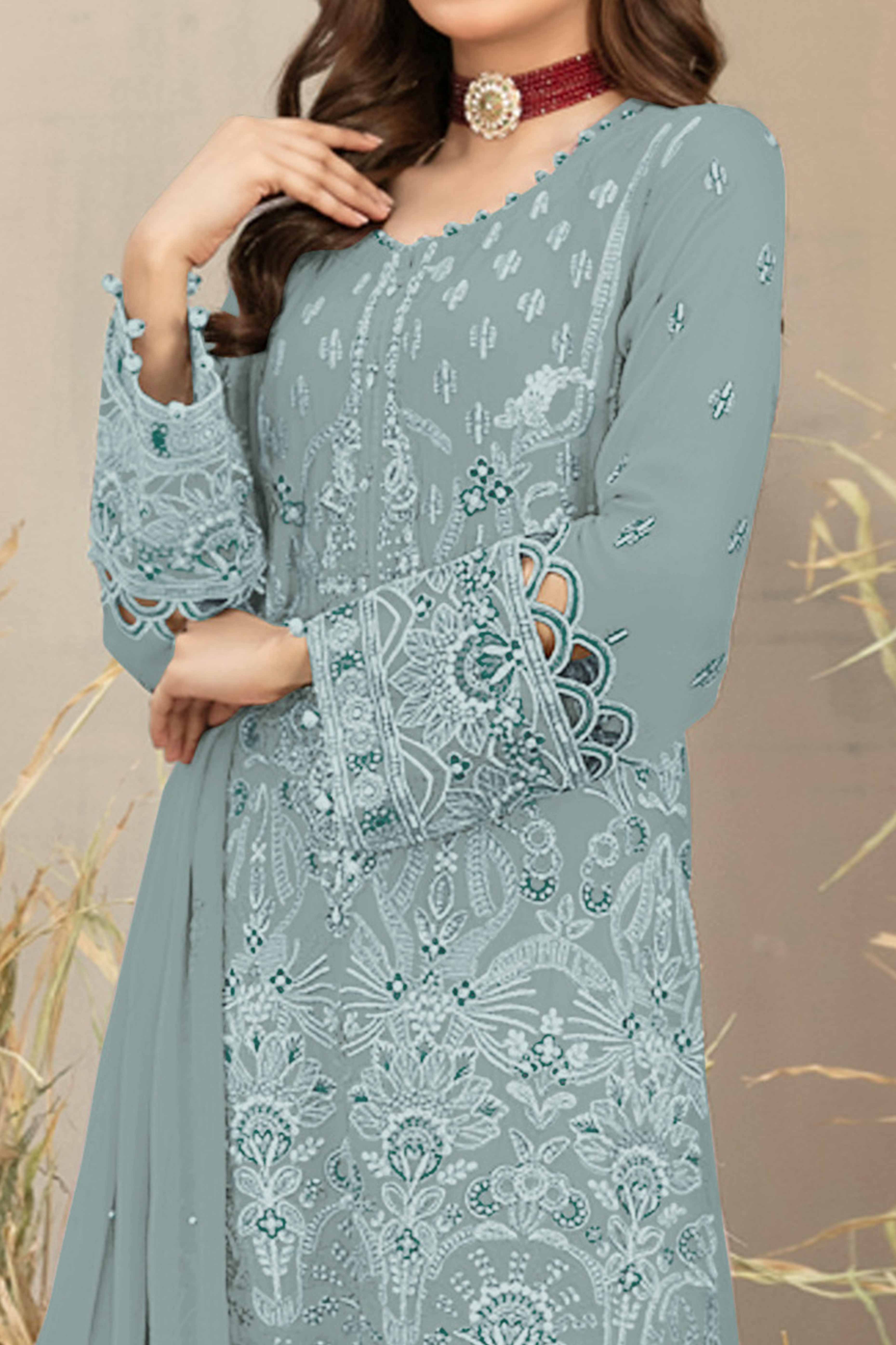 Sky Blue Floral Embroidered Heavy Georgette Dress Material - Image 2