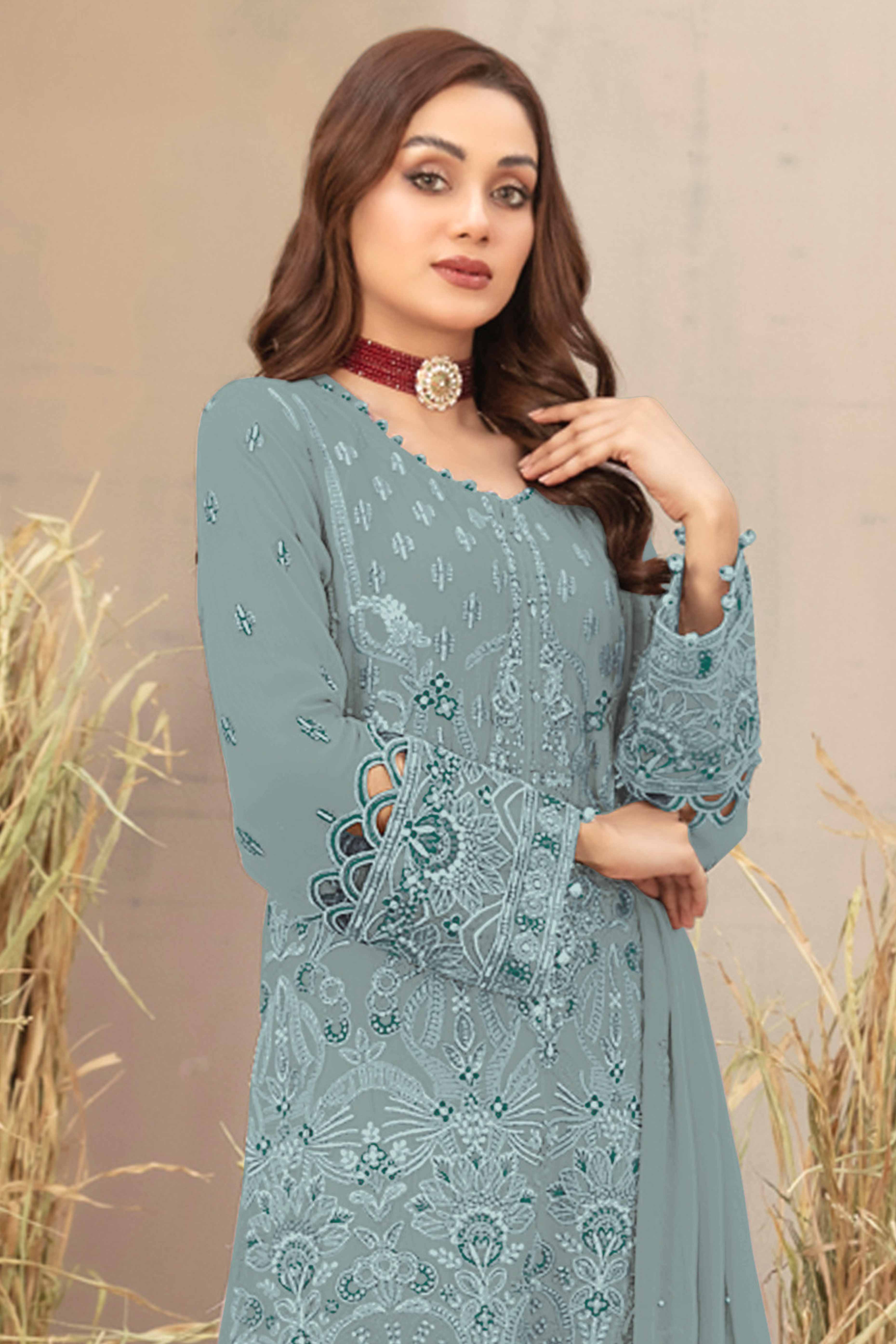 Sky Blue Floral Embroidered Heavy Georgette Dress Material - Image 3