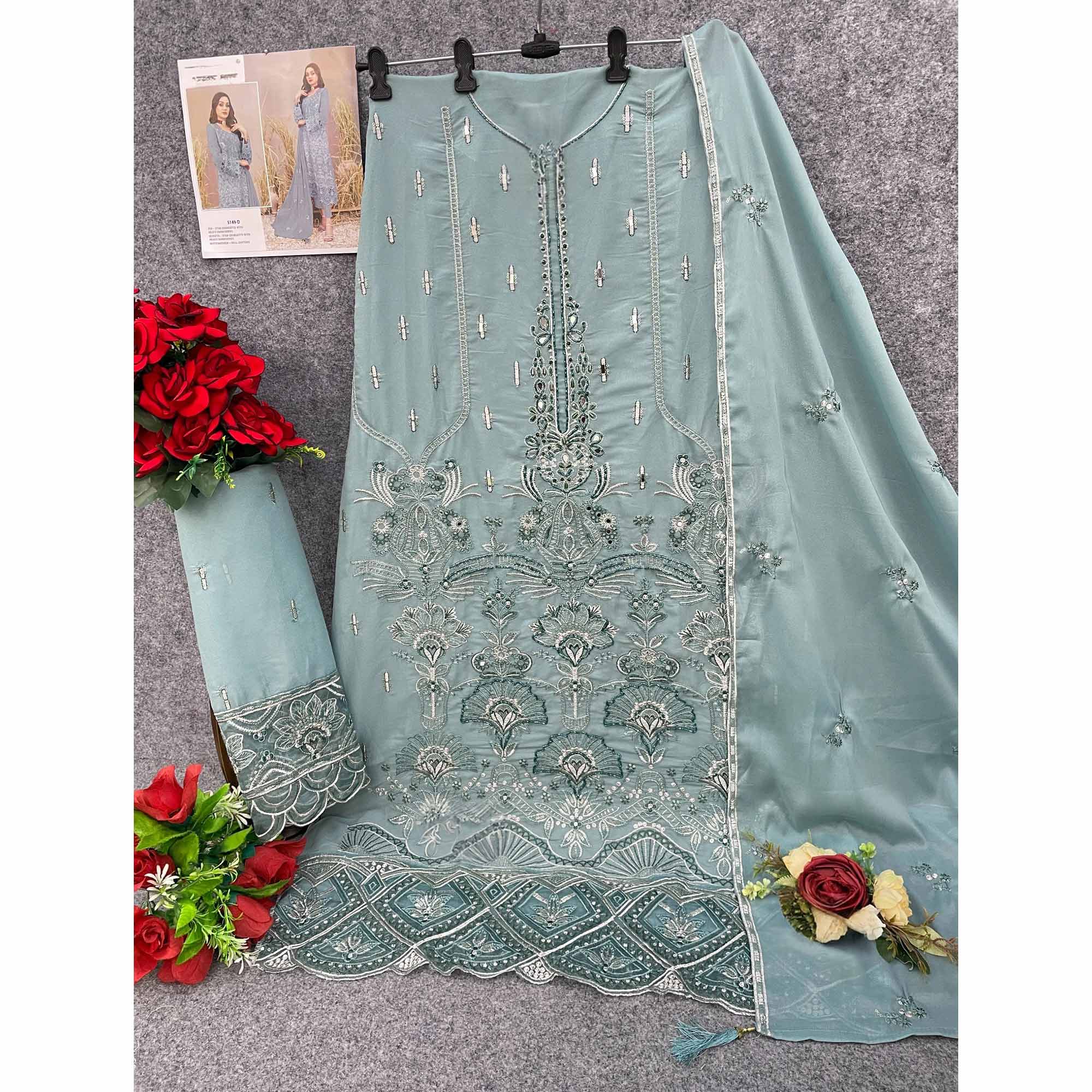 Sky Blue Floral Embroidered Heavy Georgette Dress Material - Image 4