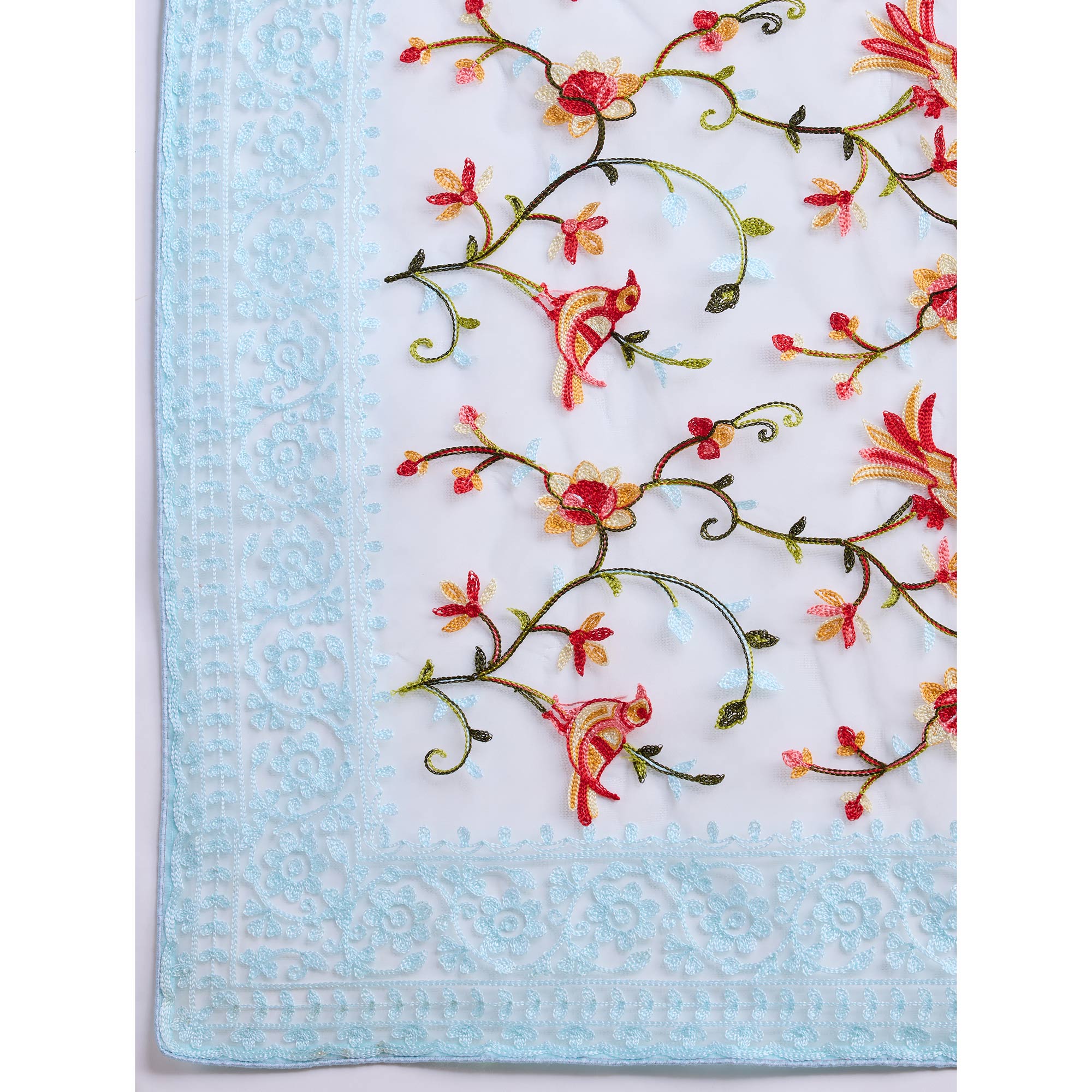 Sky Blue Floral Embroidered Net Saree - Image 6
