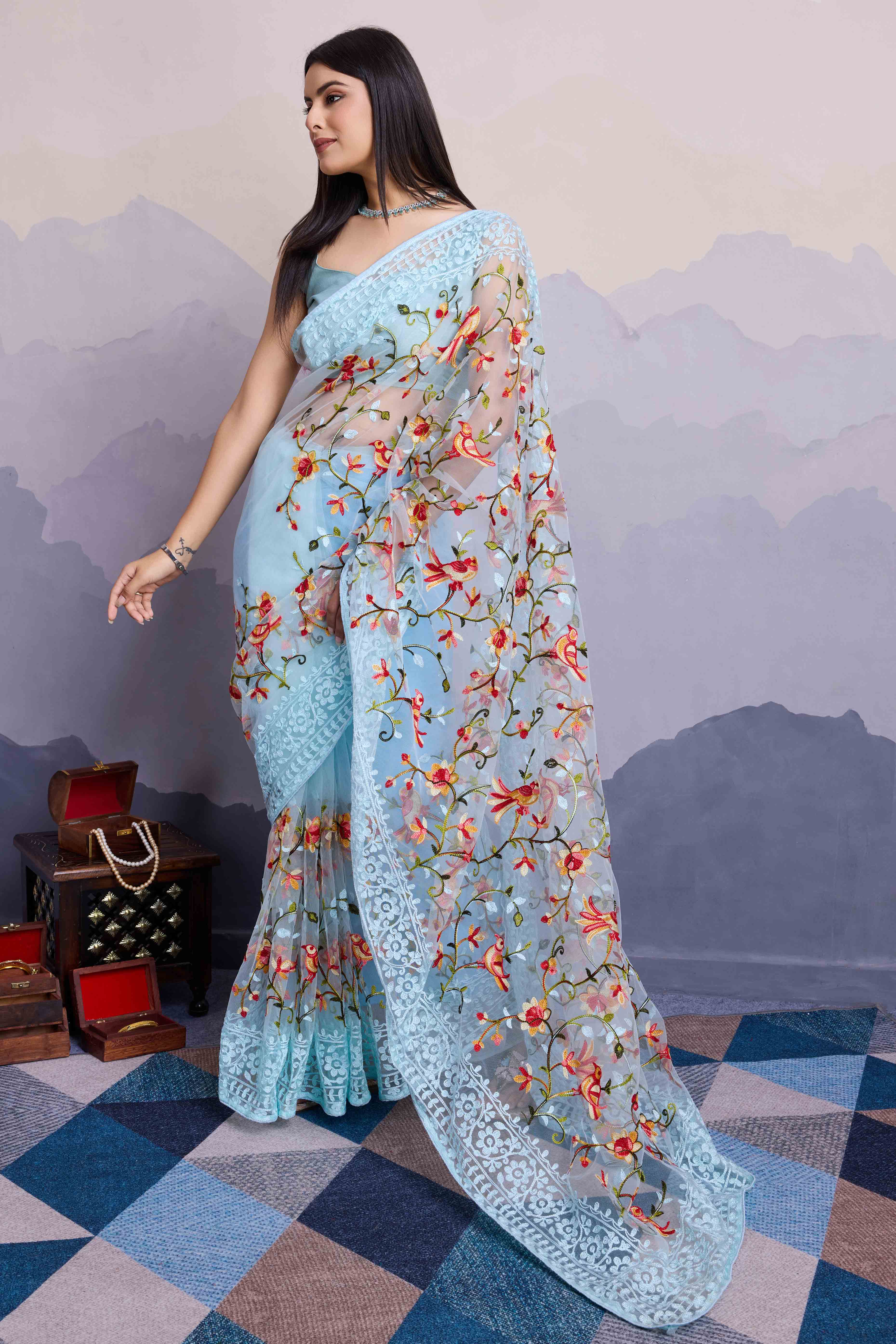 Sky Blue Floral Embroidered Net Saree - Image 8