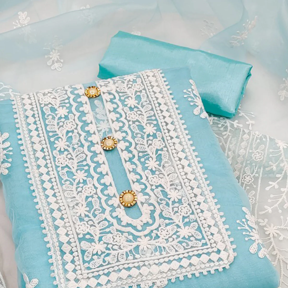 Sky Blue Floral Embroidered Organza Dress Material - Image 2