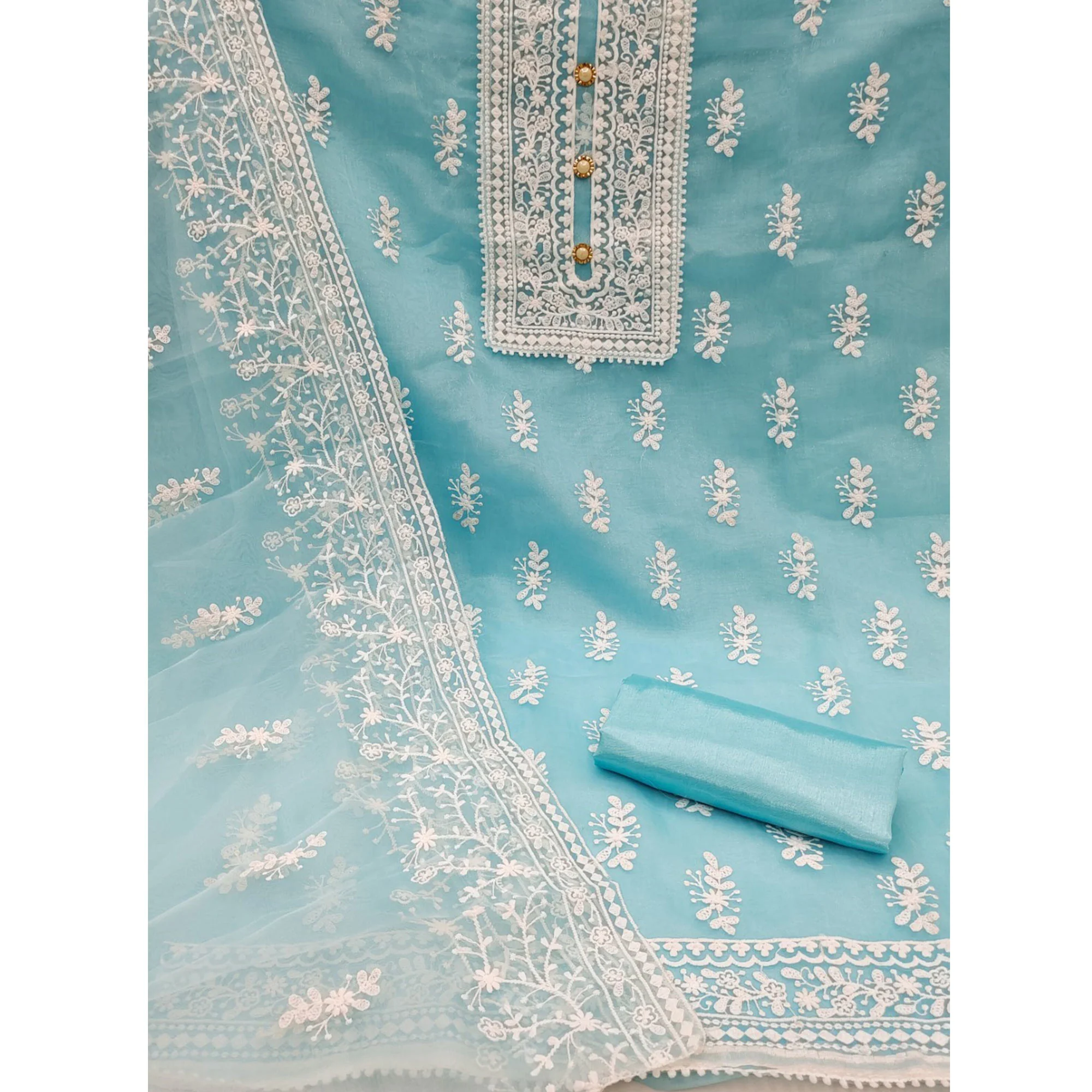 Sky Blue Floral Embroidered Organza Dress Material - Image 3