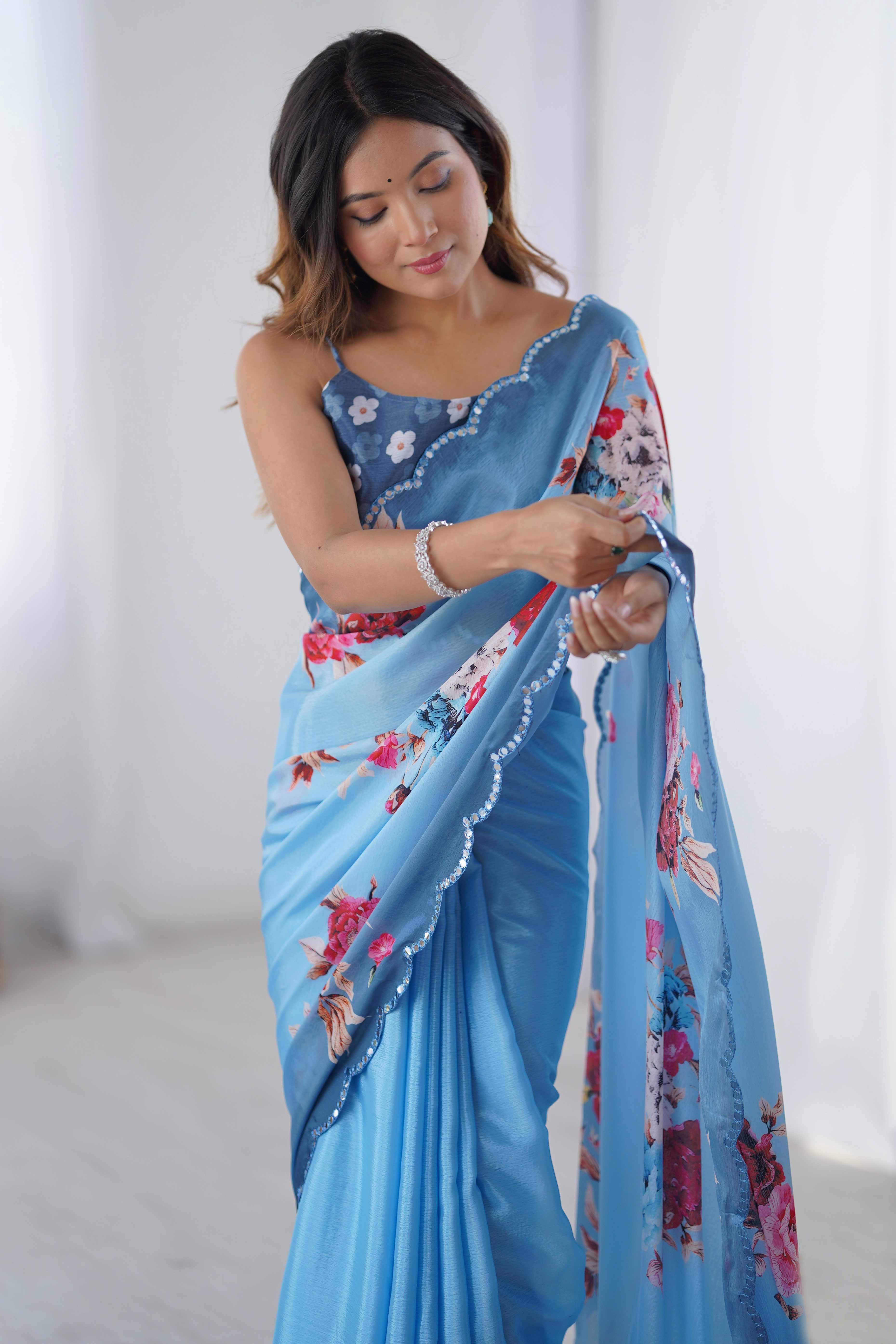 Sky Blue Floral Printed Chinon Saree with Shimmering Mirror Detailing - Image 8