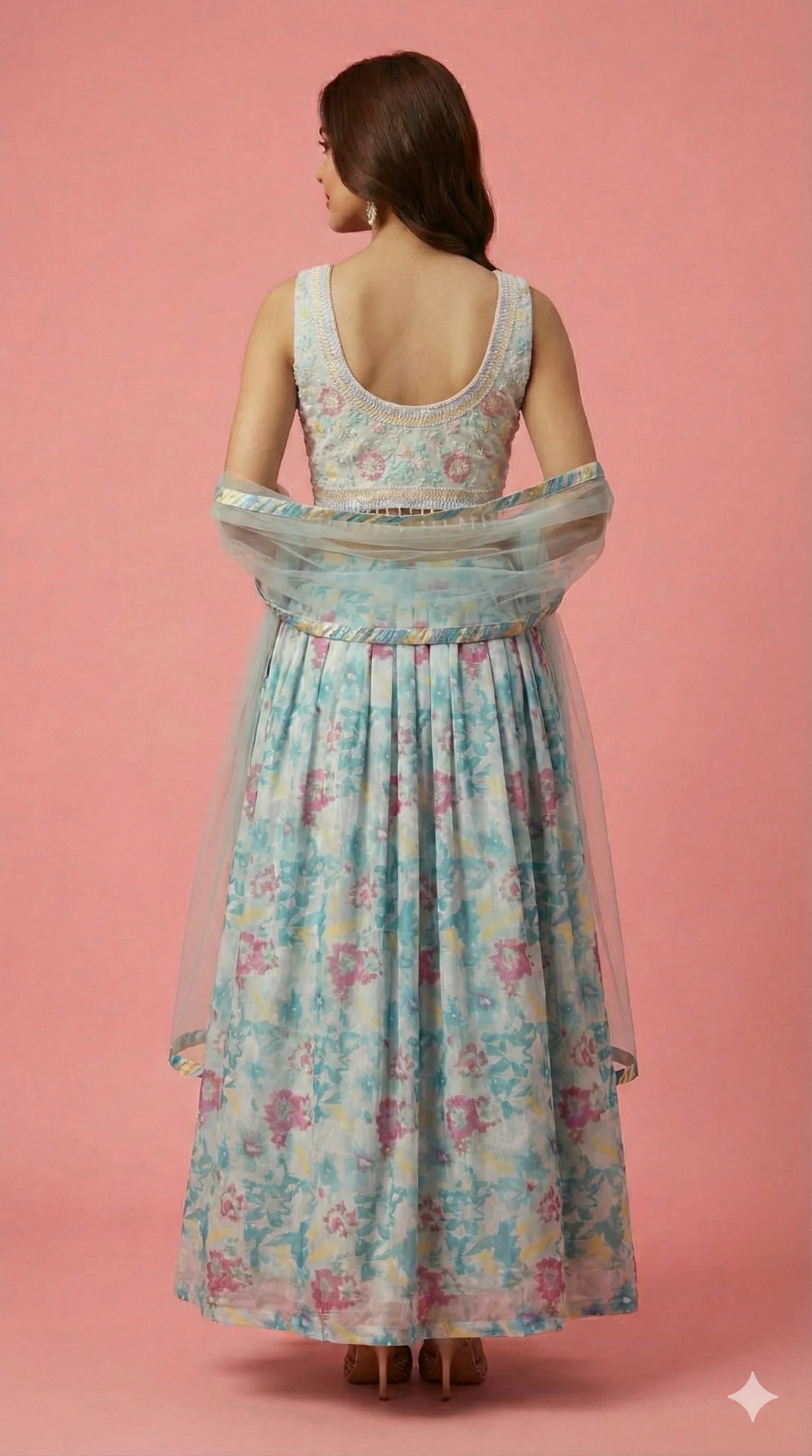 Sky Blue Floral Printed Georgette Lehenga Choli With Embroidered Blouse & Net Dupatta - Image 3