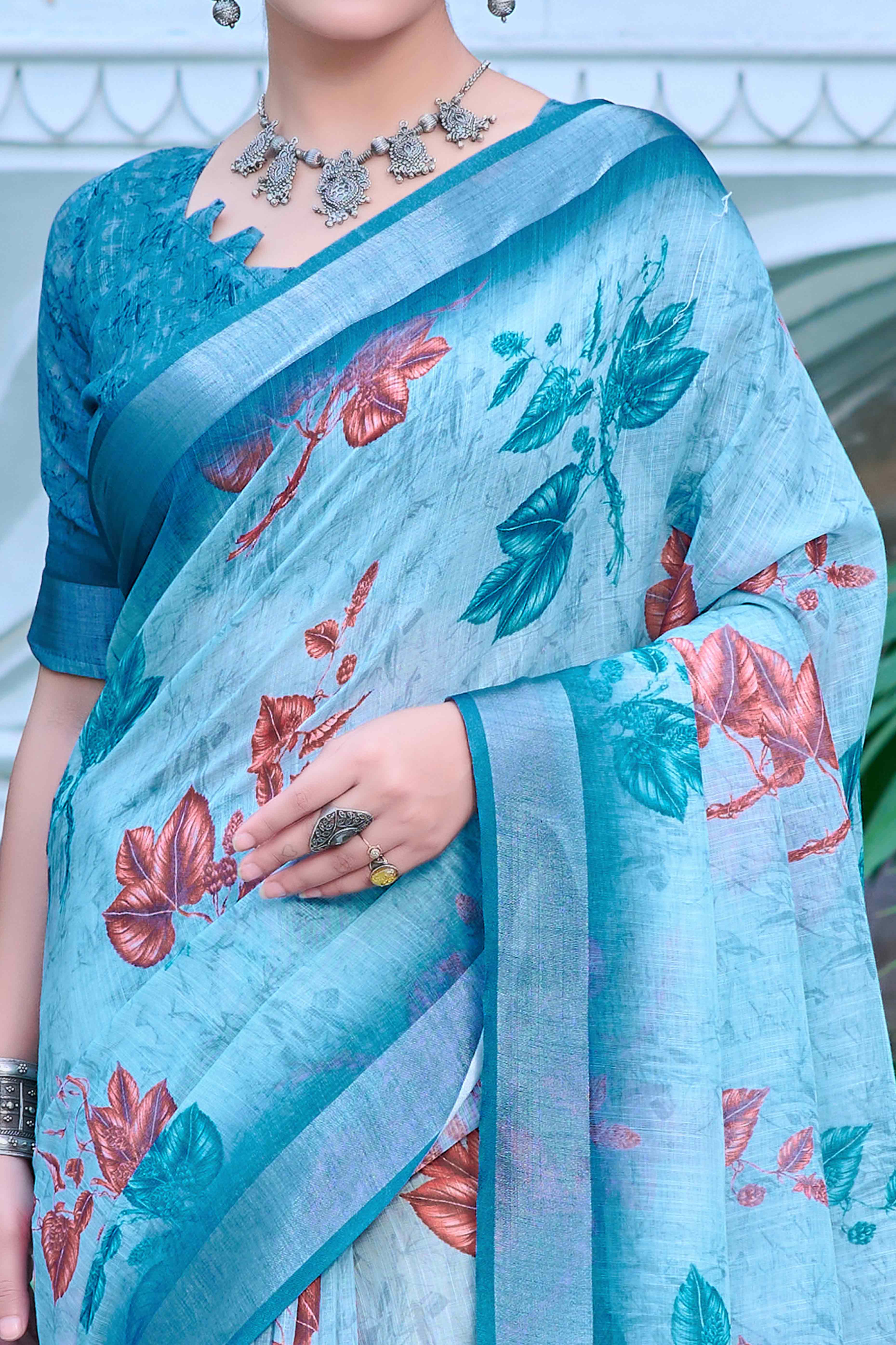 Sky Blue Floral Printed Linen Saree - Image 2
