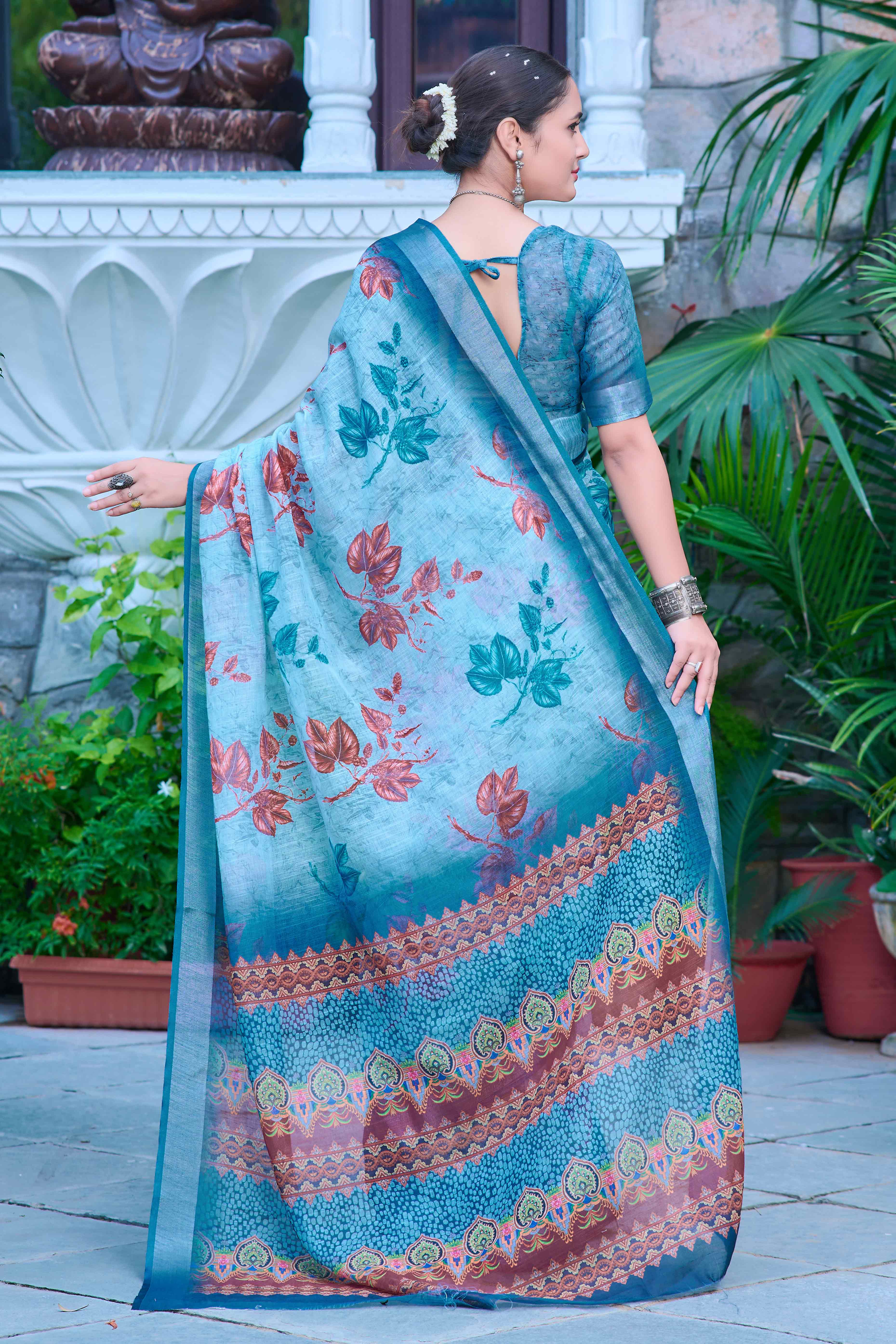 Sky Blue Floral Printed Linen Saree - Image 6