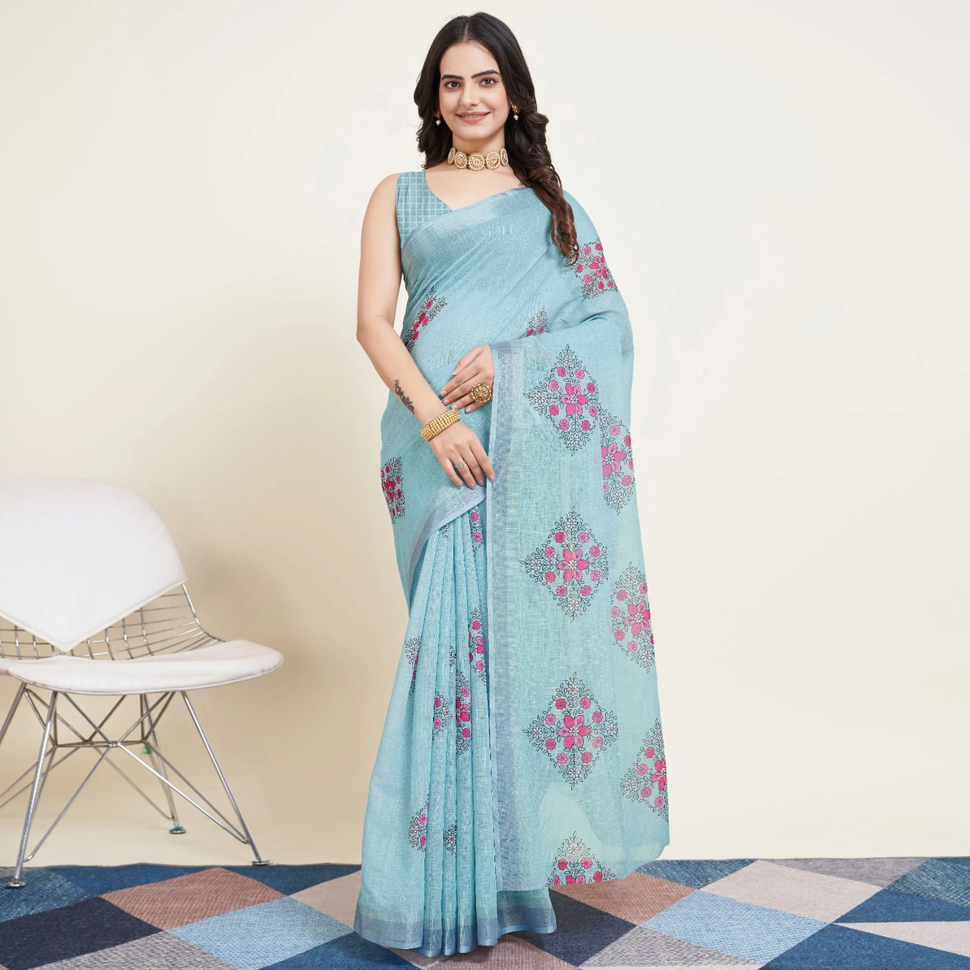 Sky Blue Floral Printed Linen Saree - Image 2