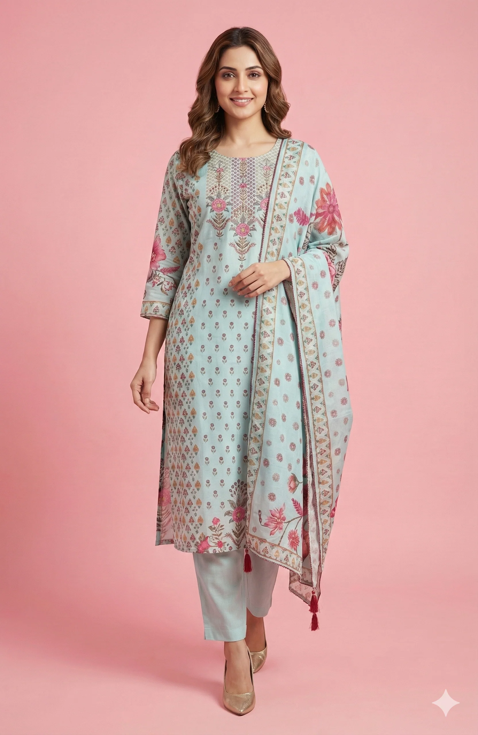 Sky Blue Floral Printed Muslin Straight Cut Salwar Suit for Casual to Festive Styling