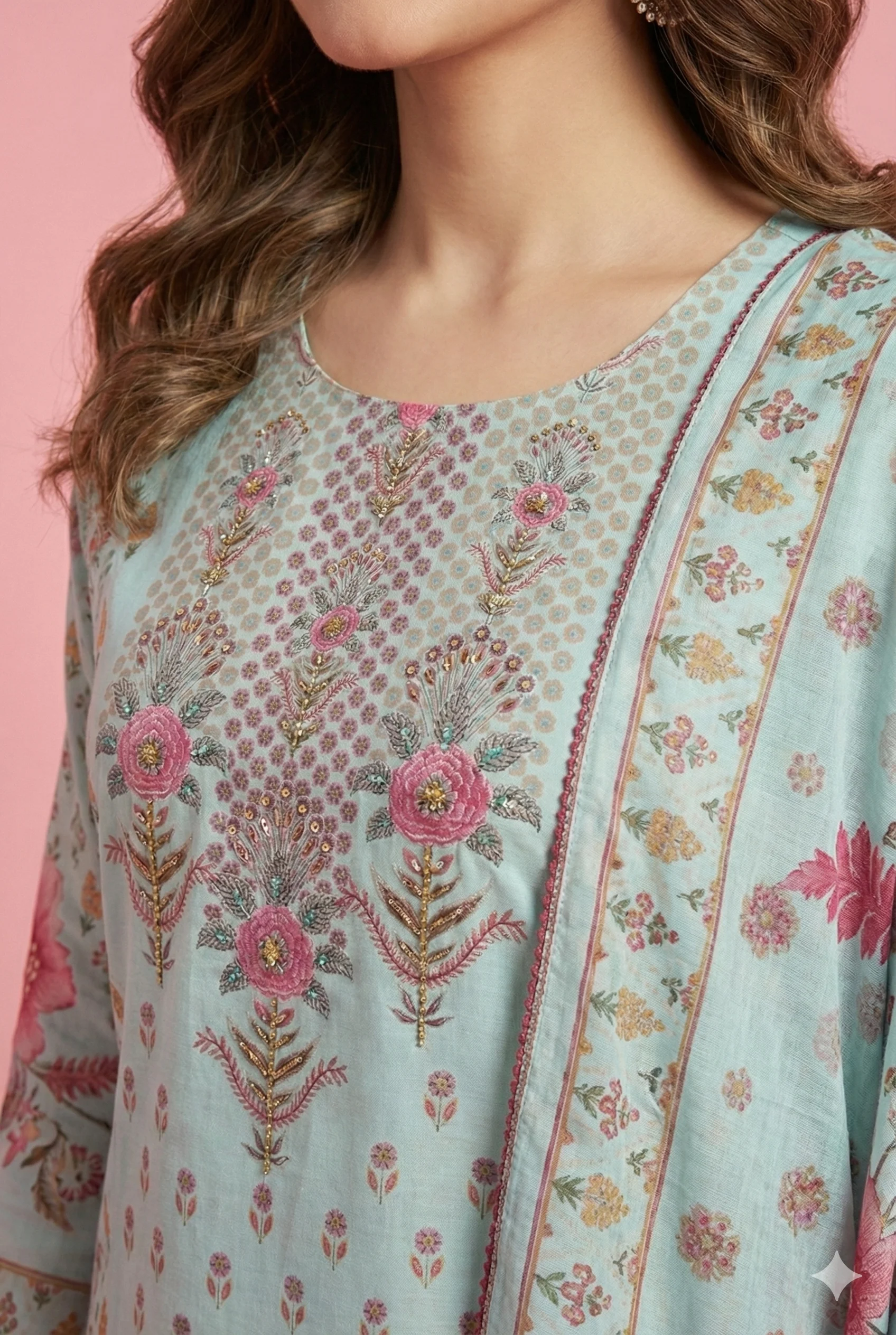 Sky Blue Floral Printed Muslin Straight Cut Salwar Suit for Casual to Festive Styling - Image 2