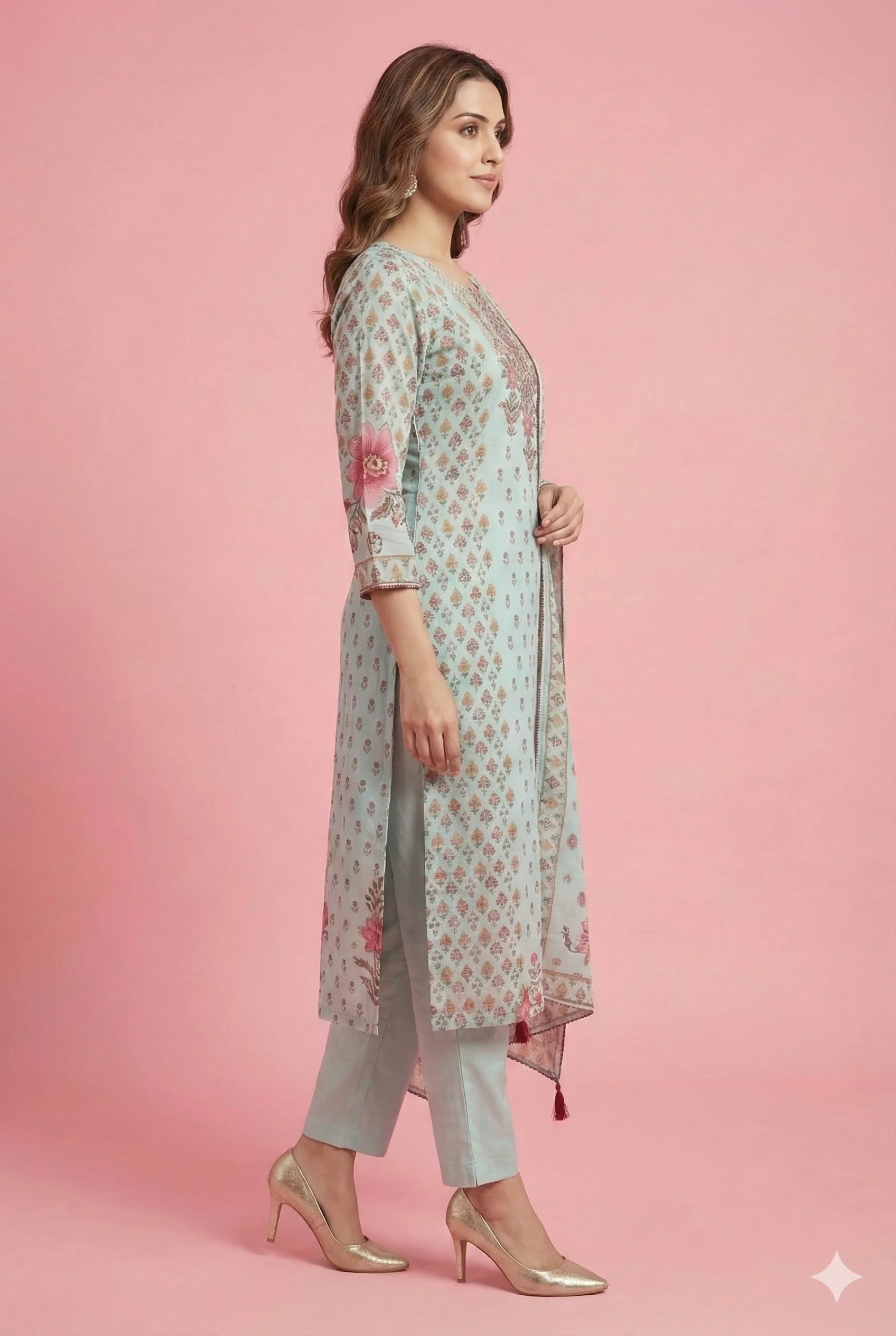 Sky Blue Floral Printed Muslin Straight Cut Salwar Suit for Casual to Festive Styling - Image 4