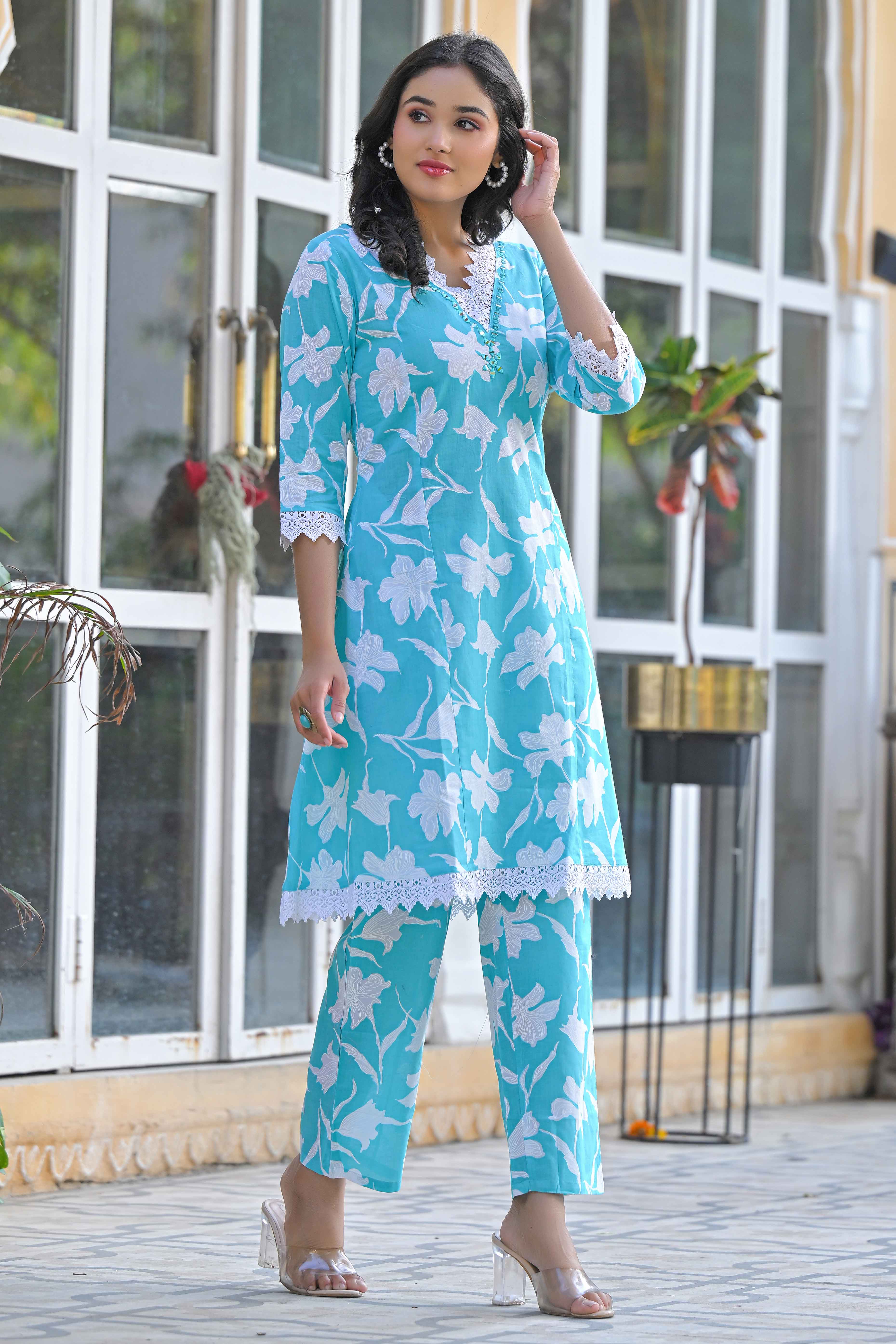 Sky Blue Floral Printed Pure Cotton A-Line Top Bottom Set - Image 6