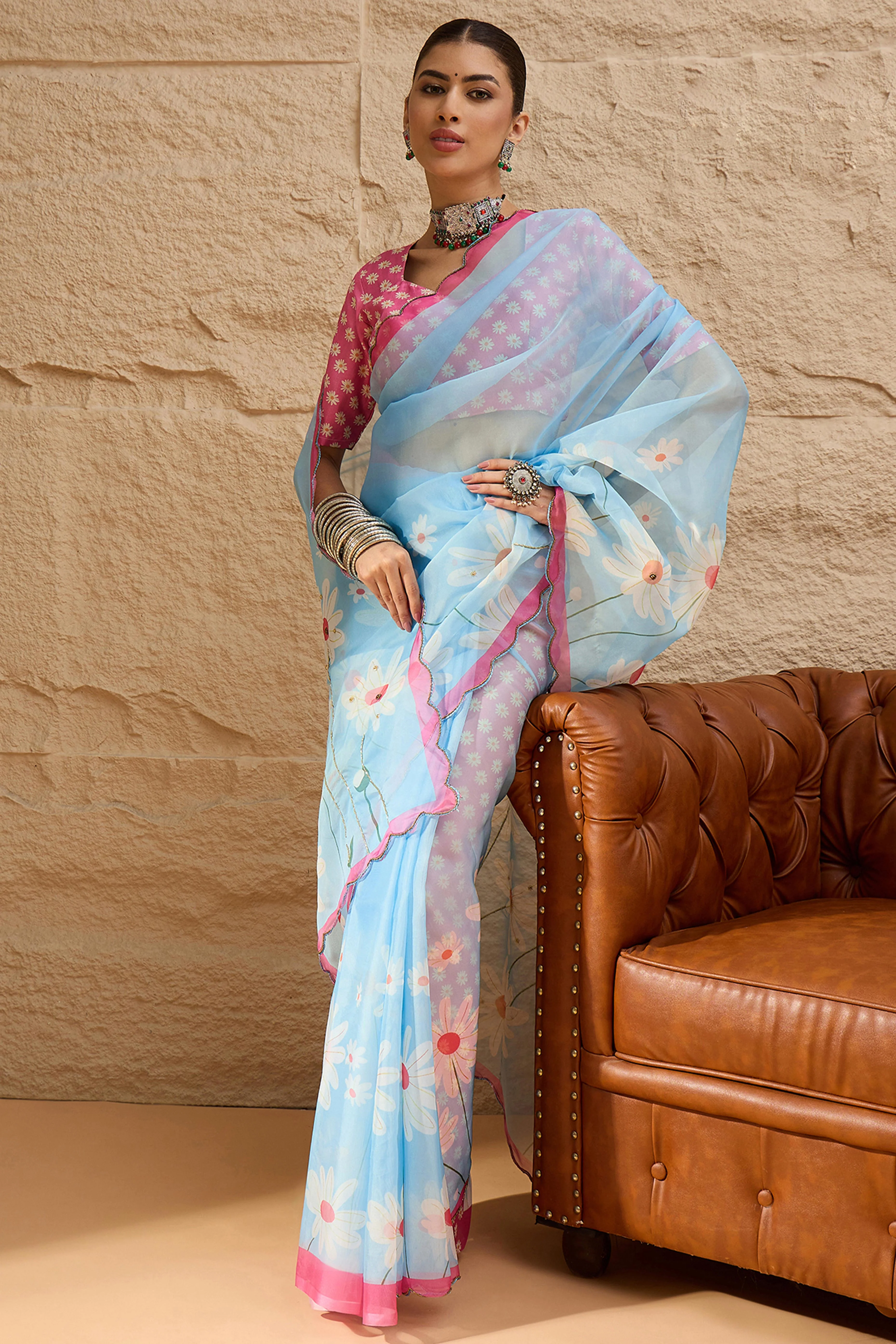 Sky Blue Floral Printed Saree in Sheer Organza Blend Fabric with Handcrafted Beads Work - Image 4