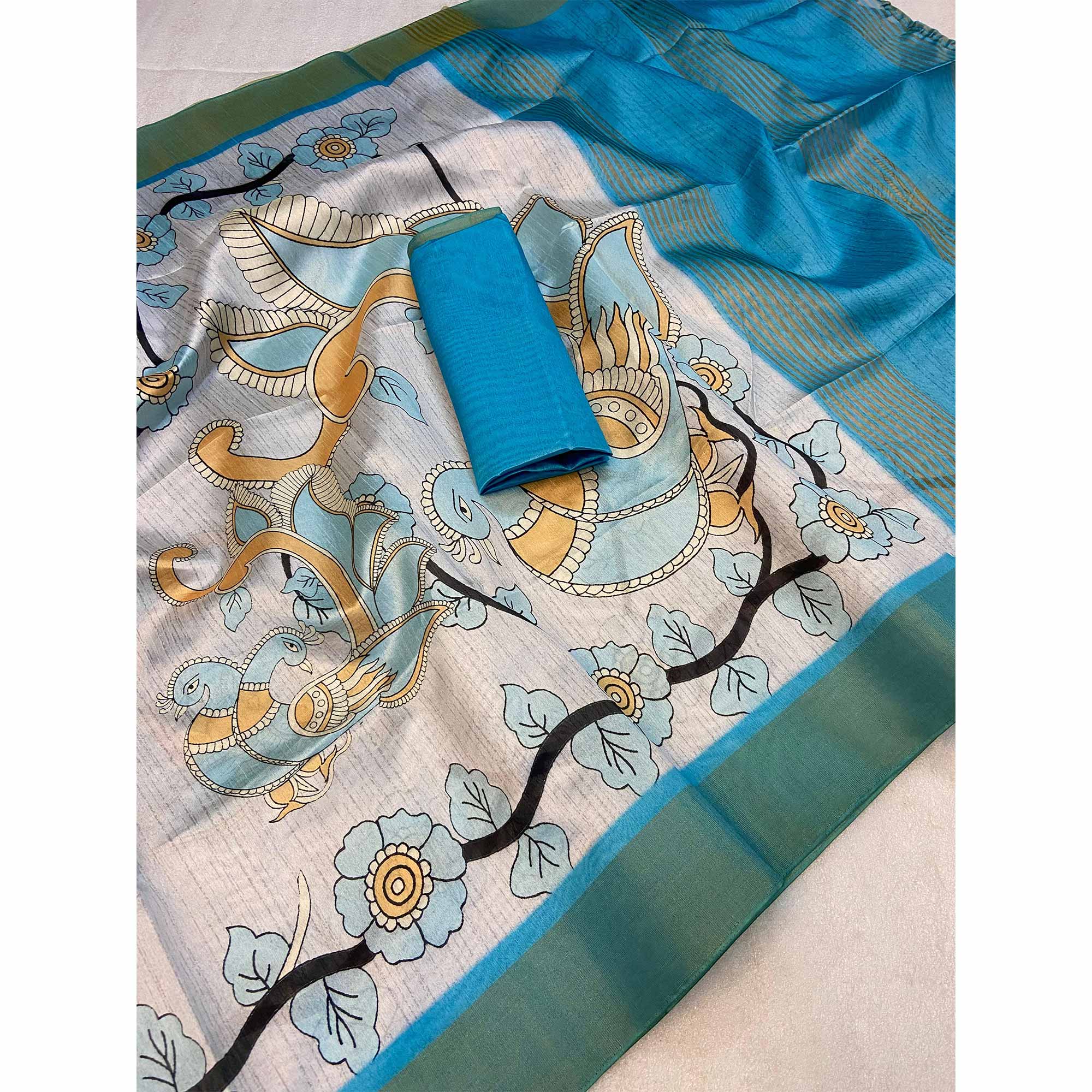 Sky Blue Floral Printed Tussar Silk Saree - Image 3