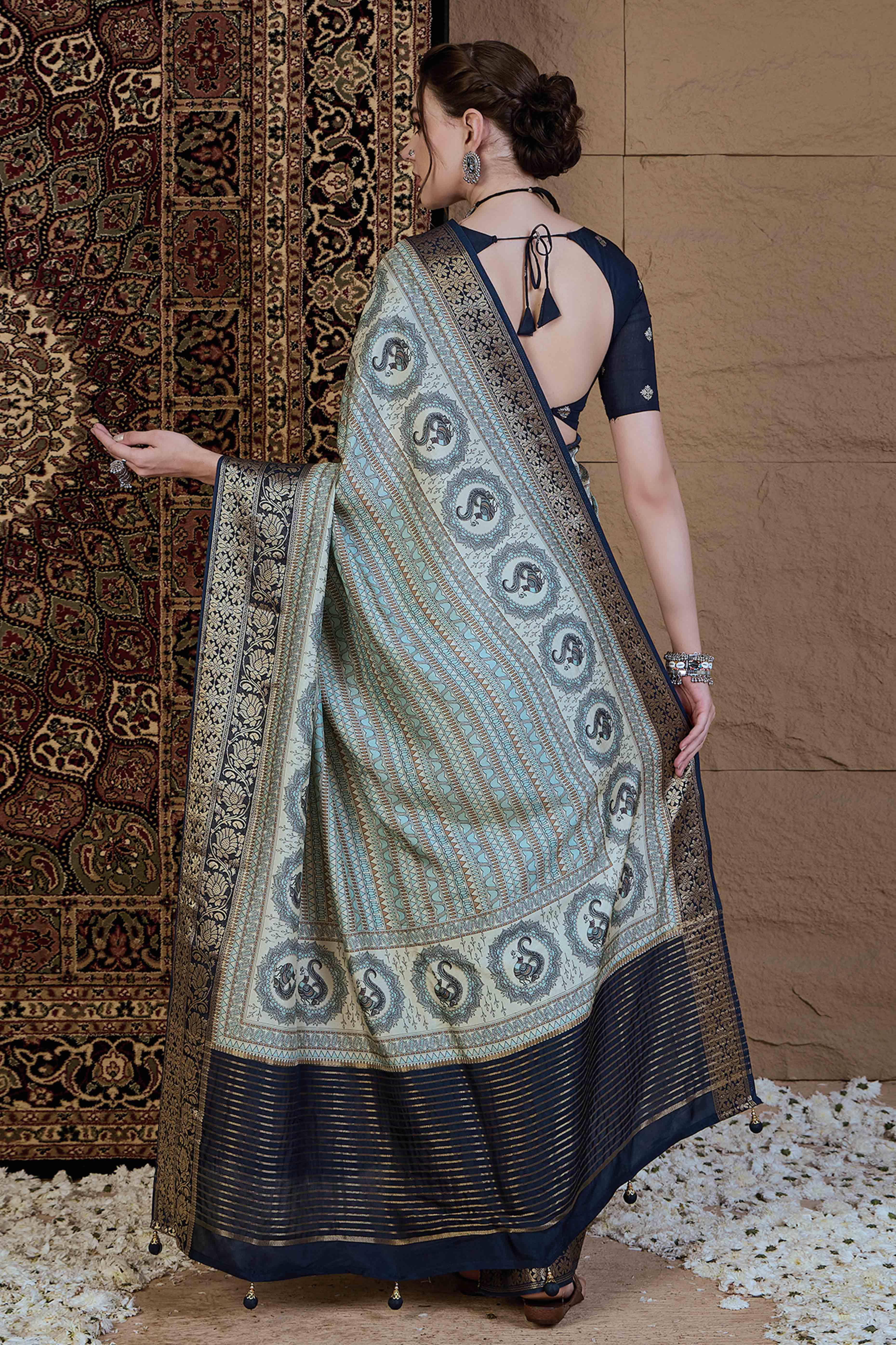 Sky Blue Floral Printed Viscose Saree - Image 5