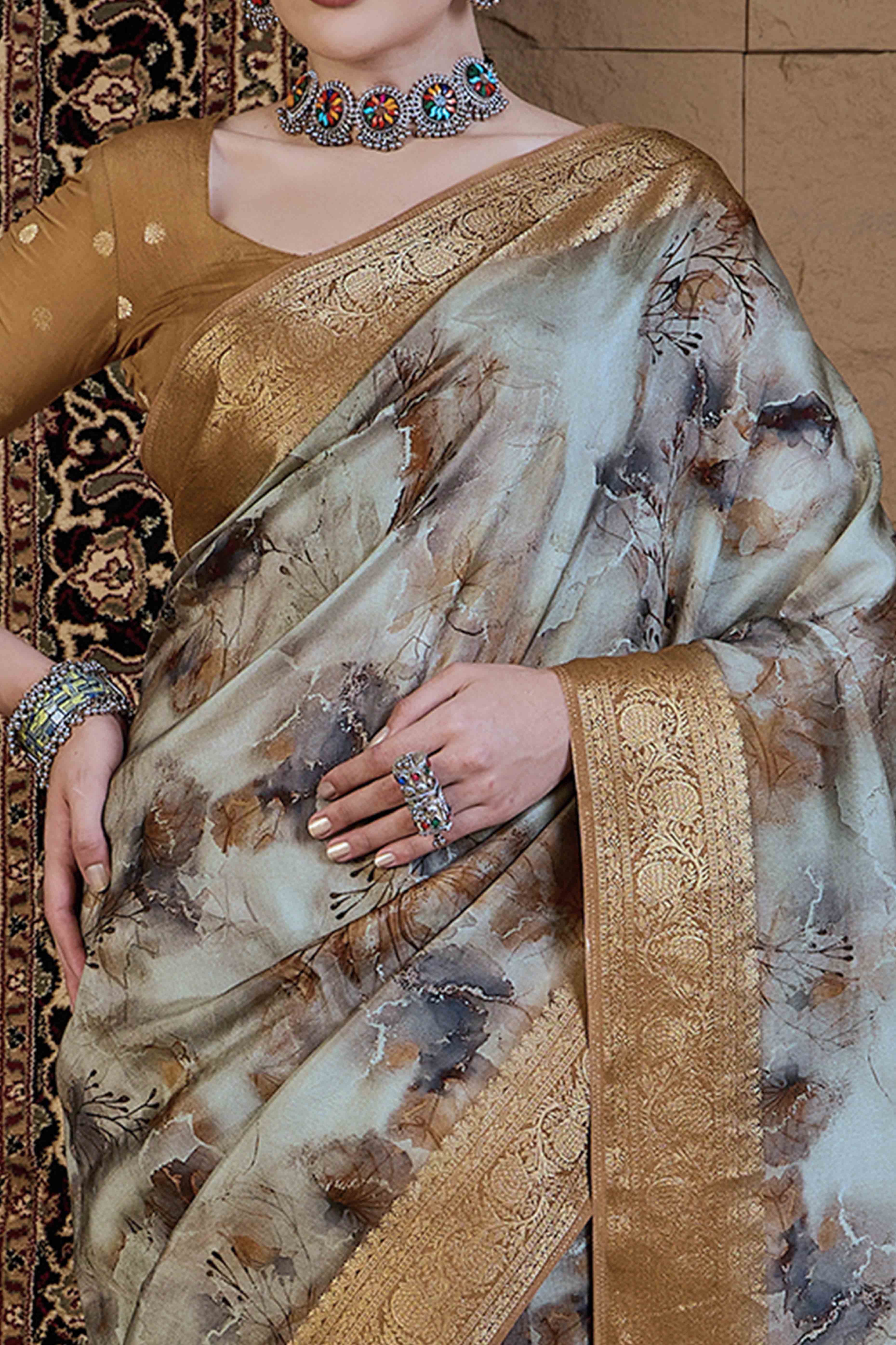 Sky Blue Floral Printed Viscose Saree - Image 2