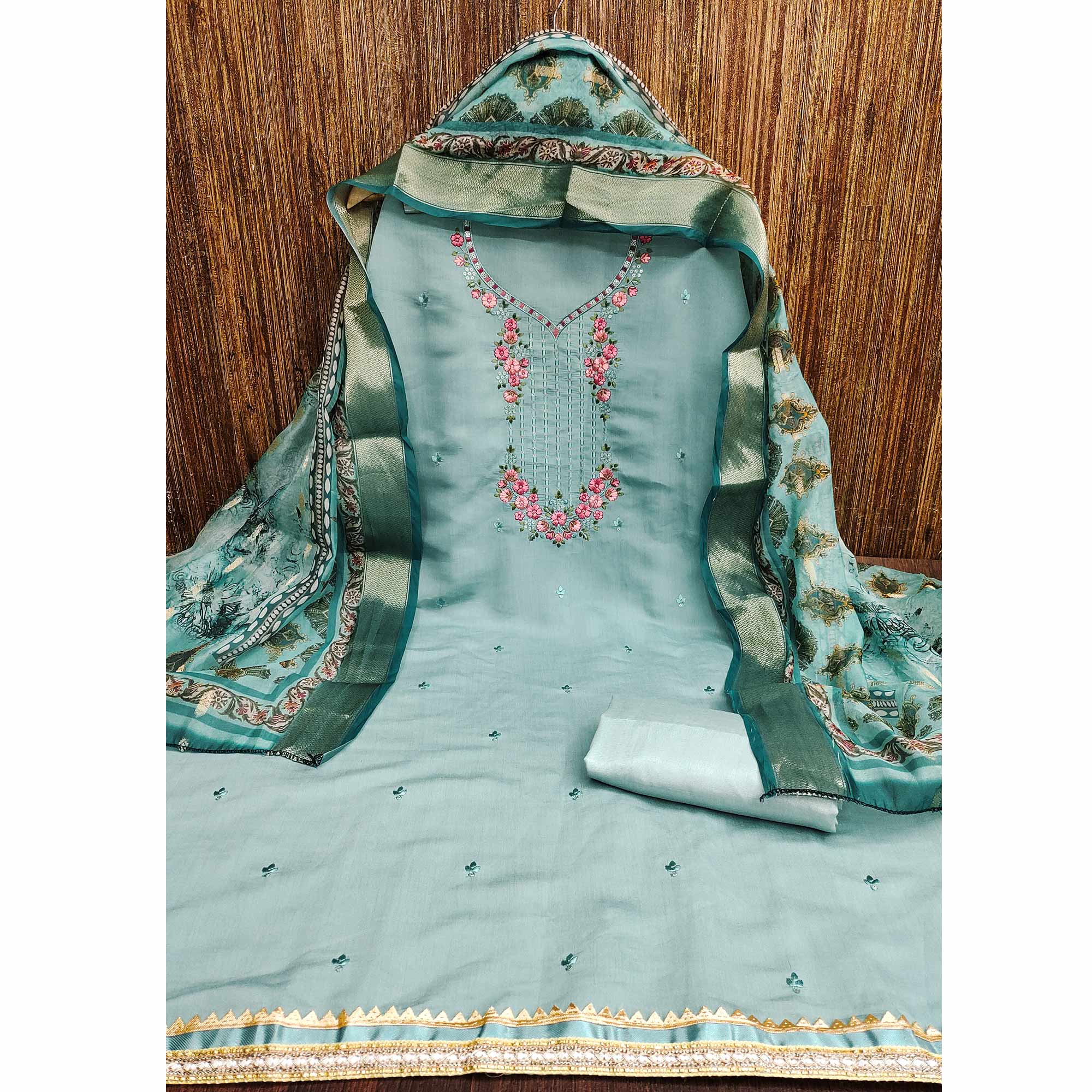 Sky Blue Floral Sequins Embroidered Chanderi Silk Dress Material - Image 3