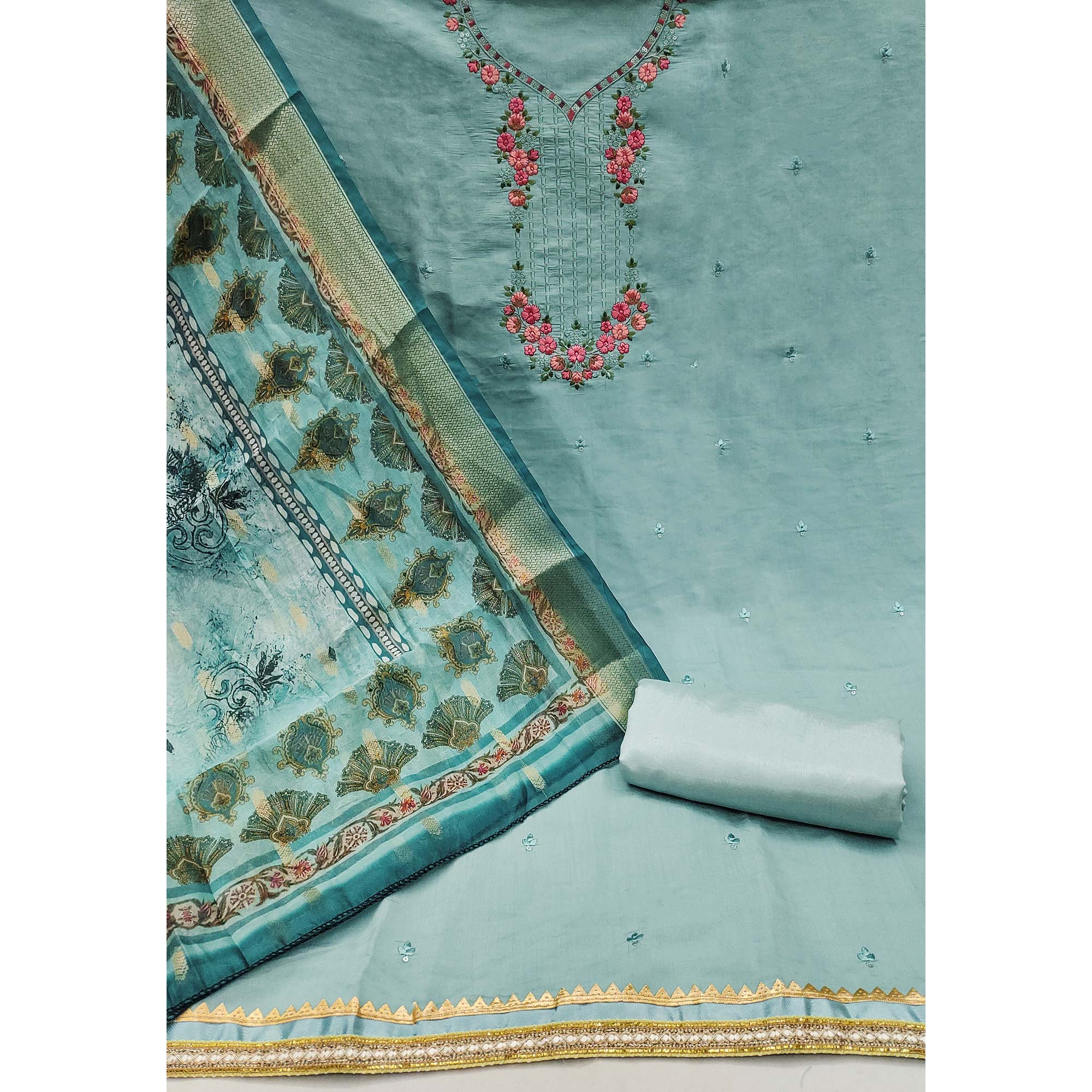 Sky Blue Floral Sequins Embroidered Chanderi Silk Dress Material - Image 4