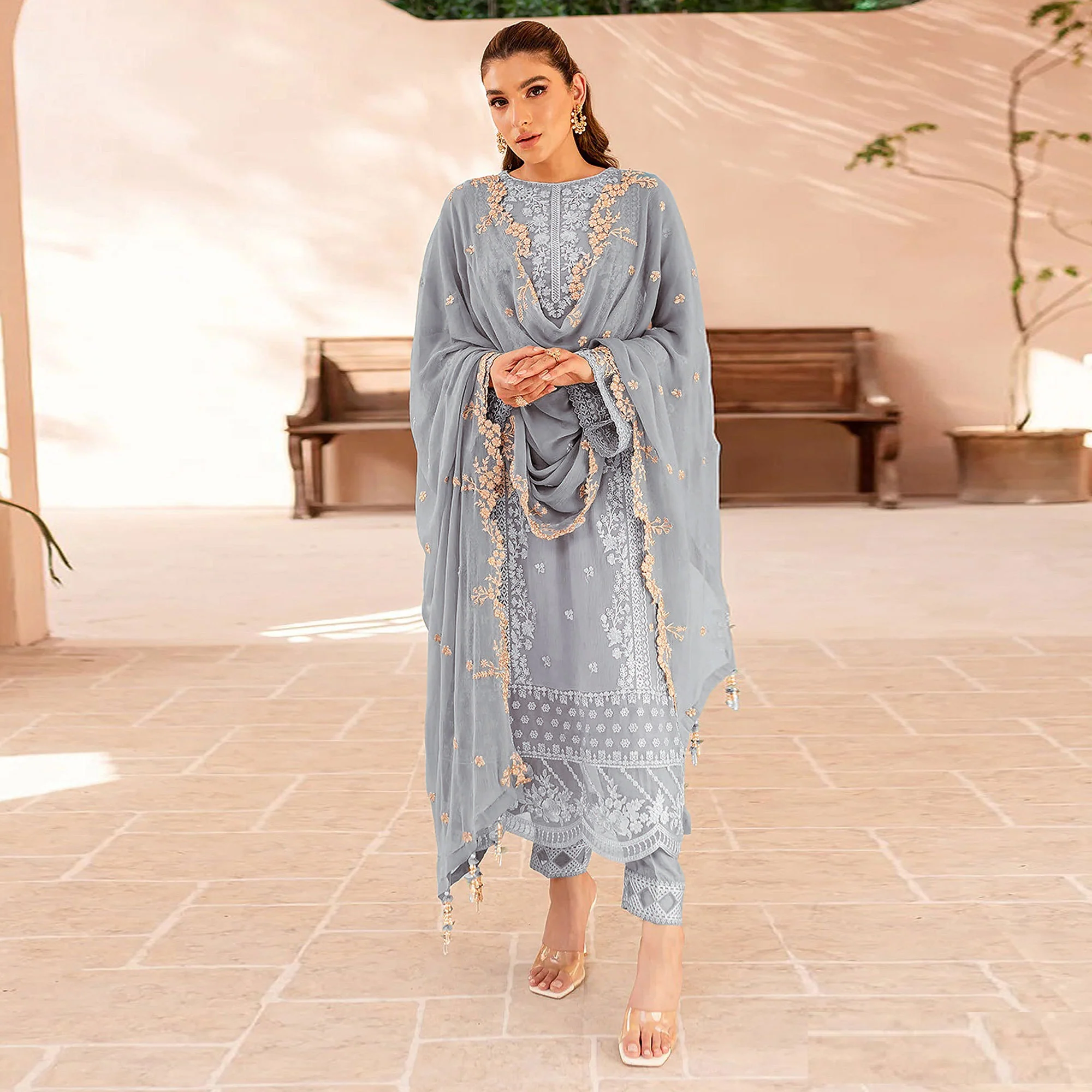 Sky Blue Floral Sequins Embroidered Georgette Semi Stitched Pakistani Suit - Image 2