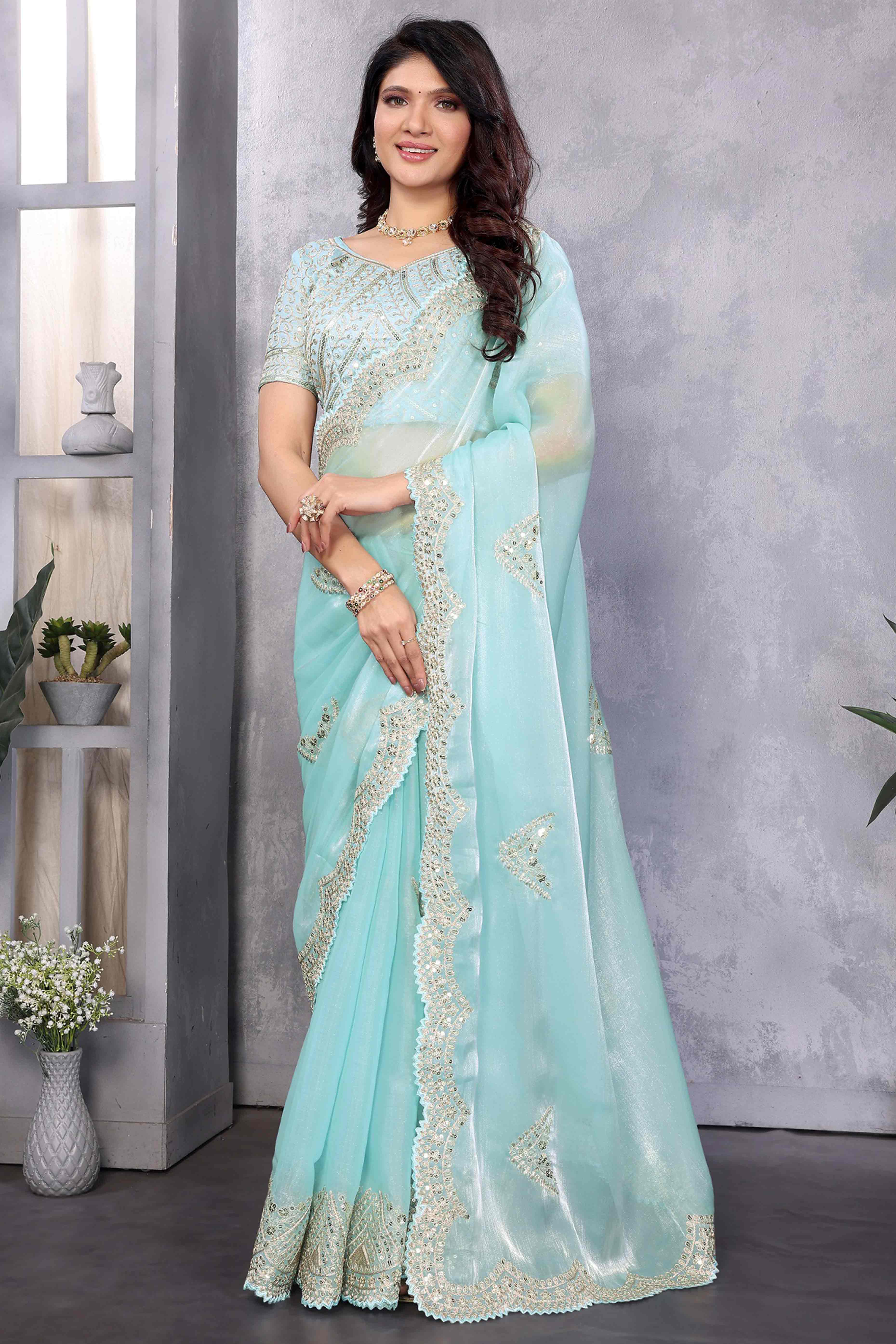Sky Blue Floral Sequins Embroidered Shimmer Chiffon Saree - Image 3