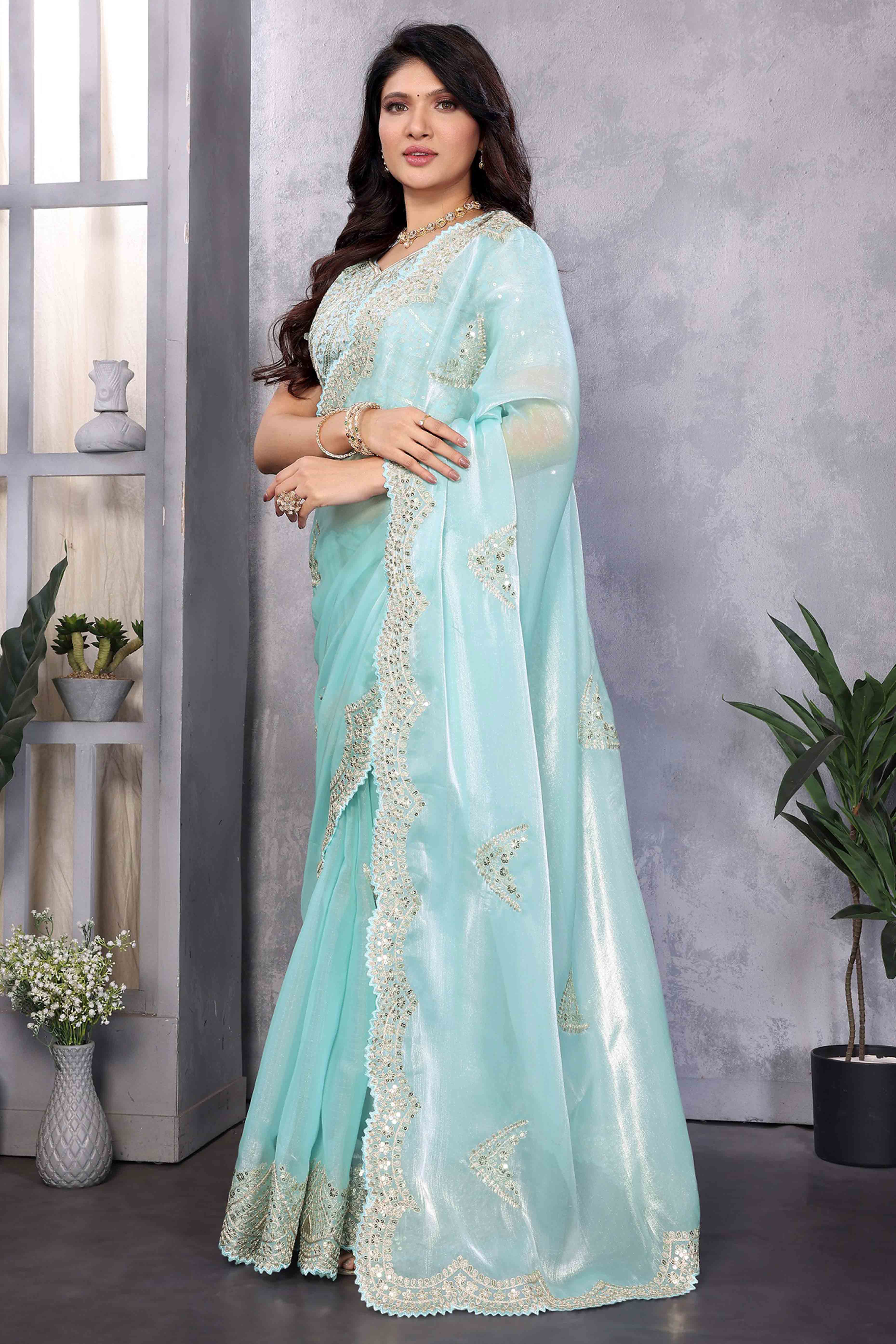 Sky Blue Floral Sequins Embroidered Shimmer Chiffon Saree - Image 4