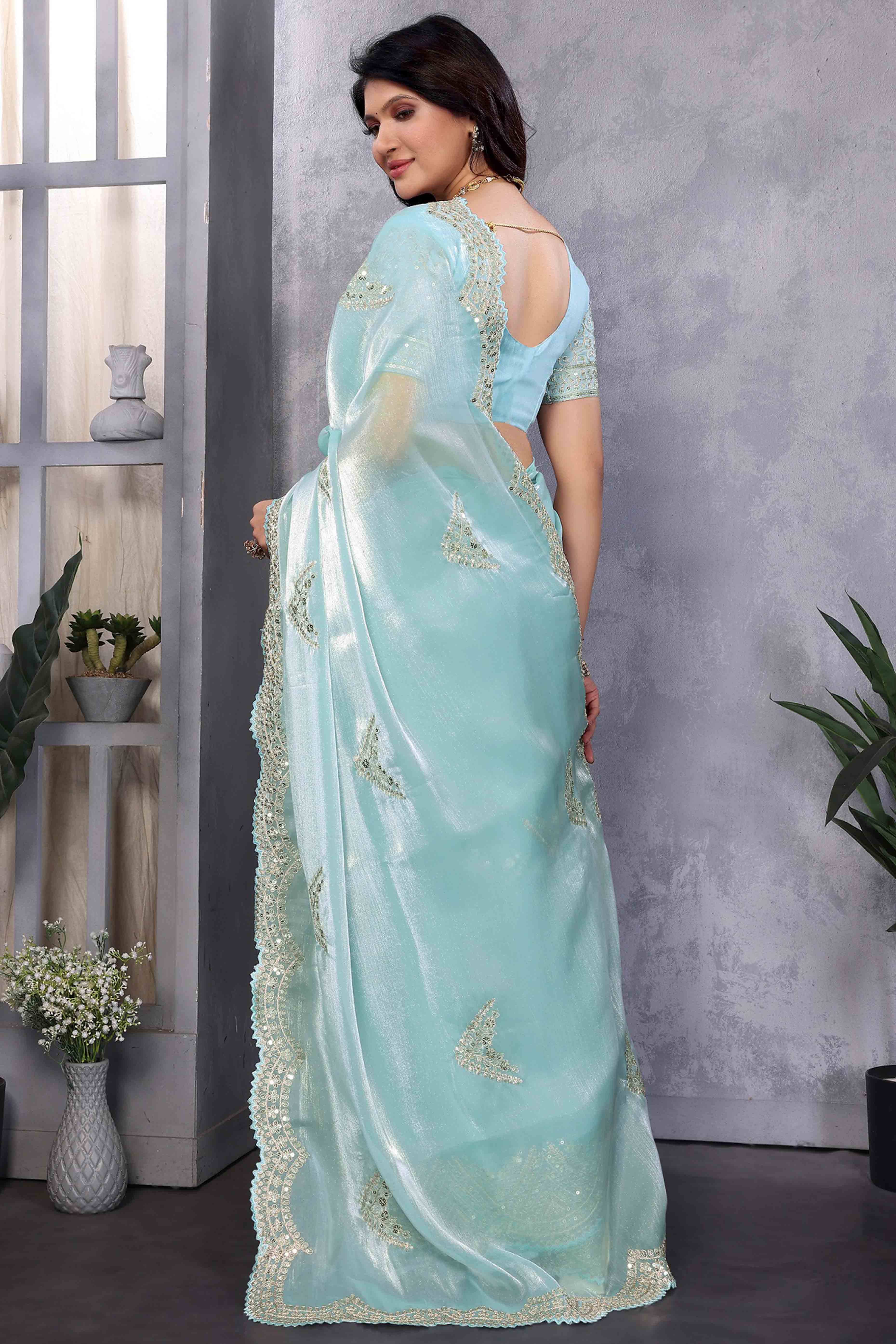 Sky Blue Floral Sequins Embroidered Shimmer Chiffon Saree - Image 5