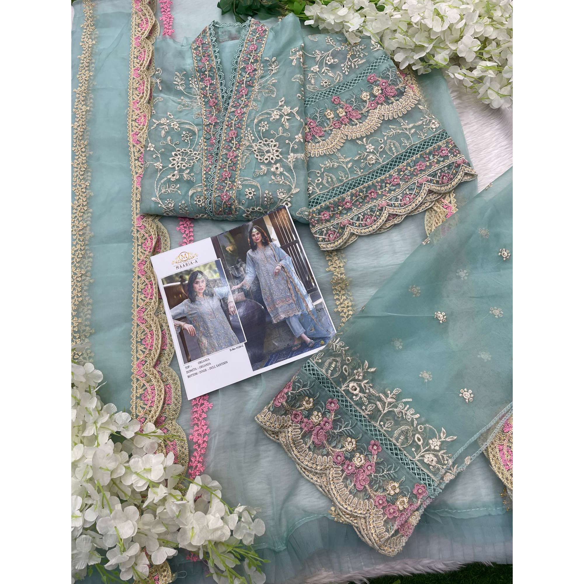 Sky Blue Floral Sequins Embroidery Organza Semi Stitched Pakistani Suit - Image 4