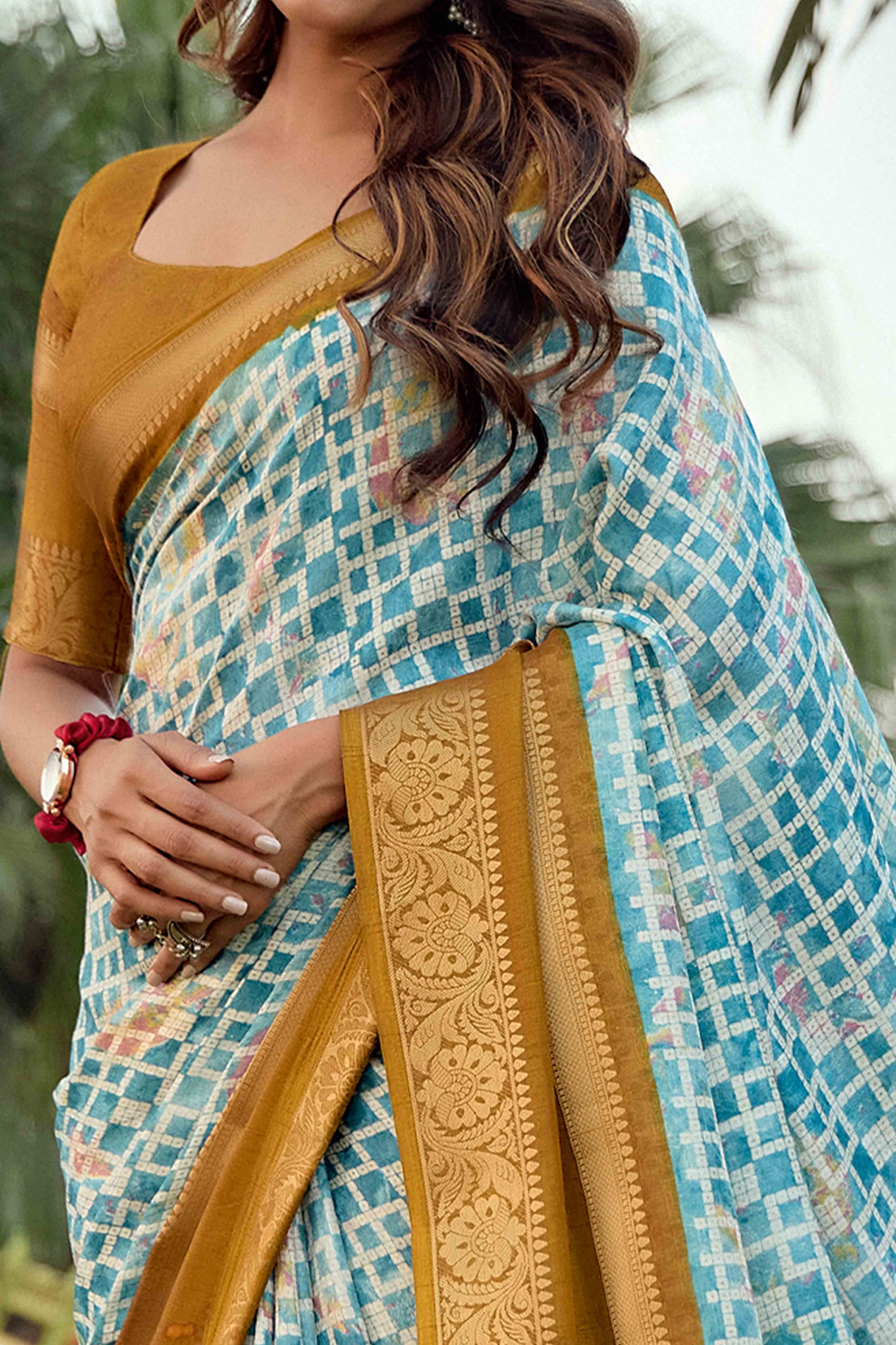 Sky Blue Geometric Printed Dola Silk Saree - Image 2