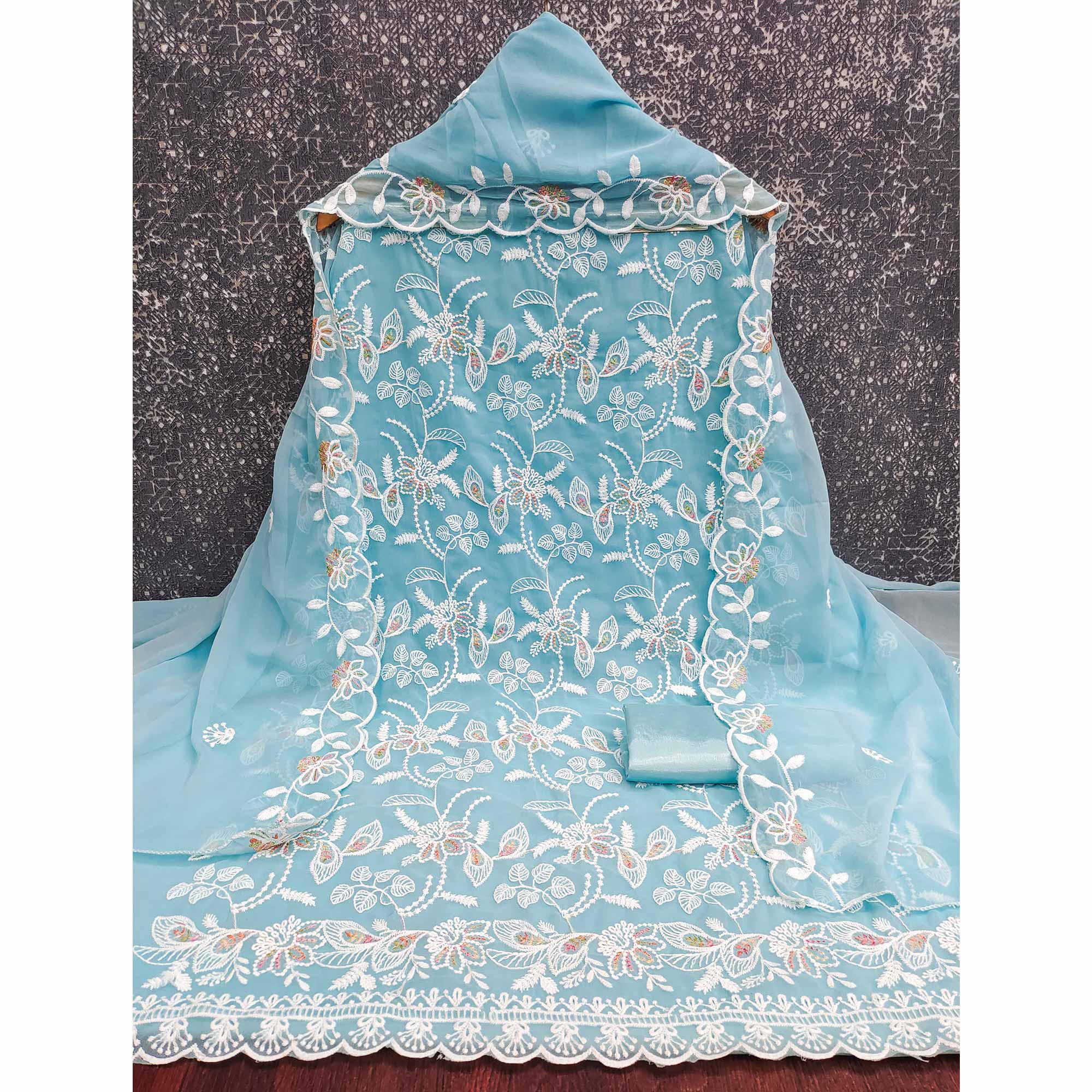 Sky Blue Georgette Dress Material Accented With Floral Thread Work - Image 3