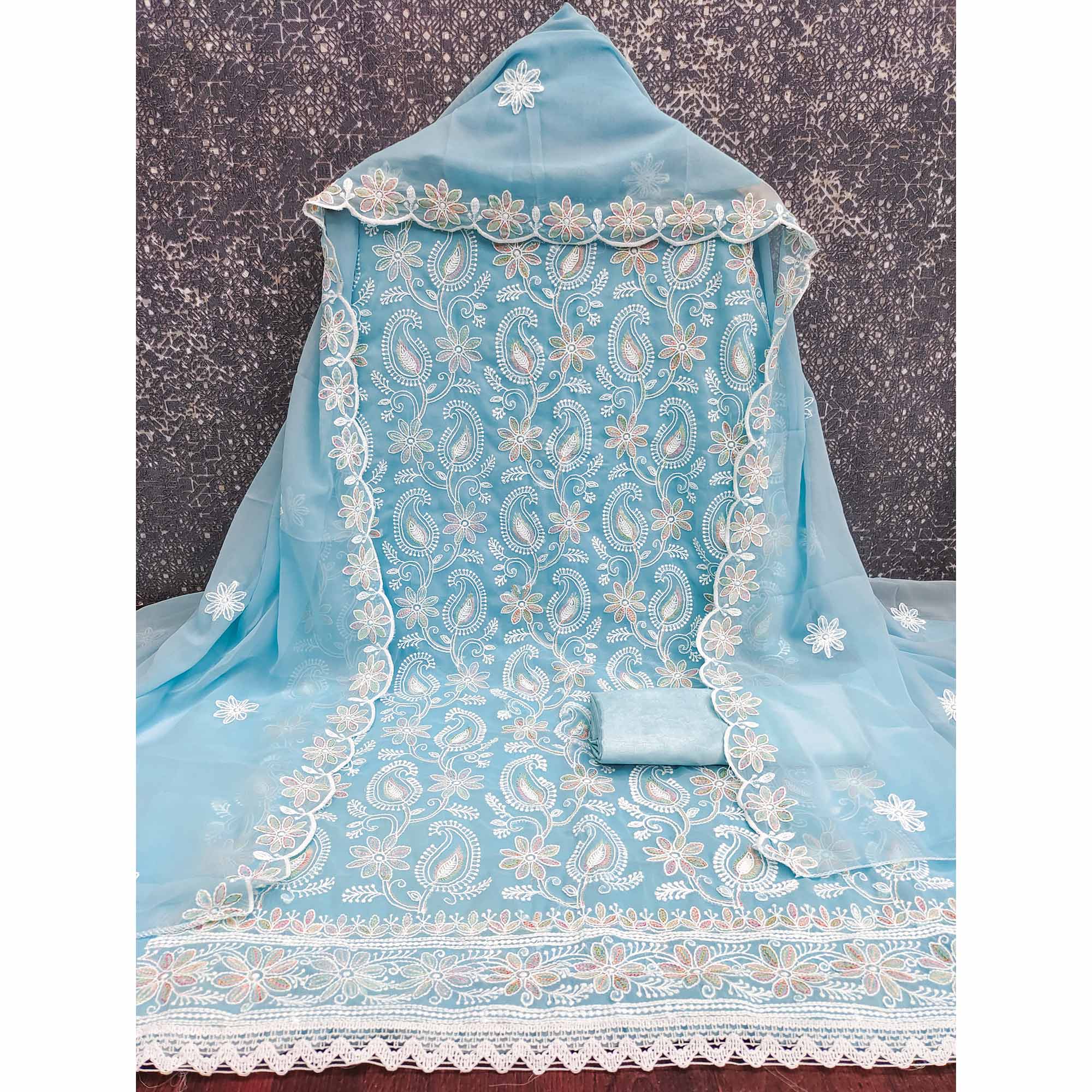 Sky Blue Georgette Dress Material Highlighted With Paisley & Floral Thread Embroidery - Image 3