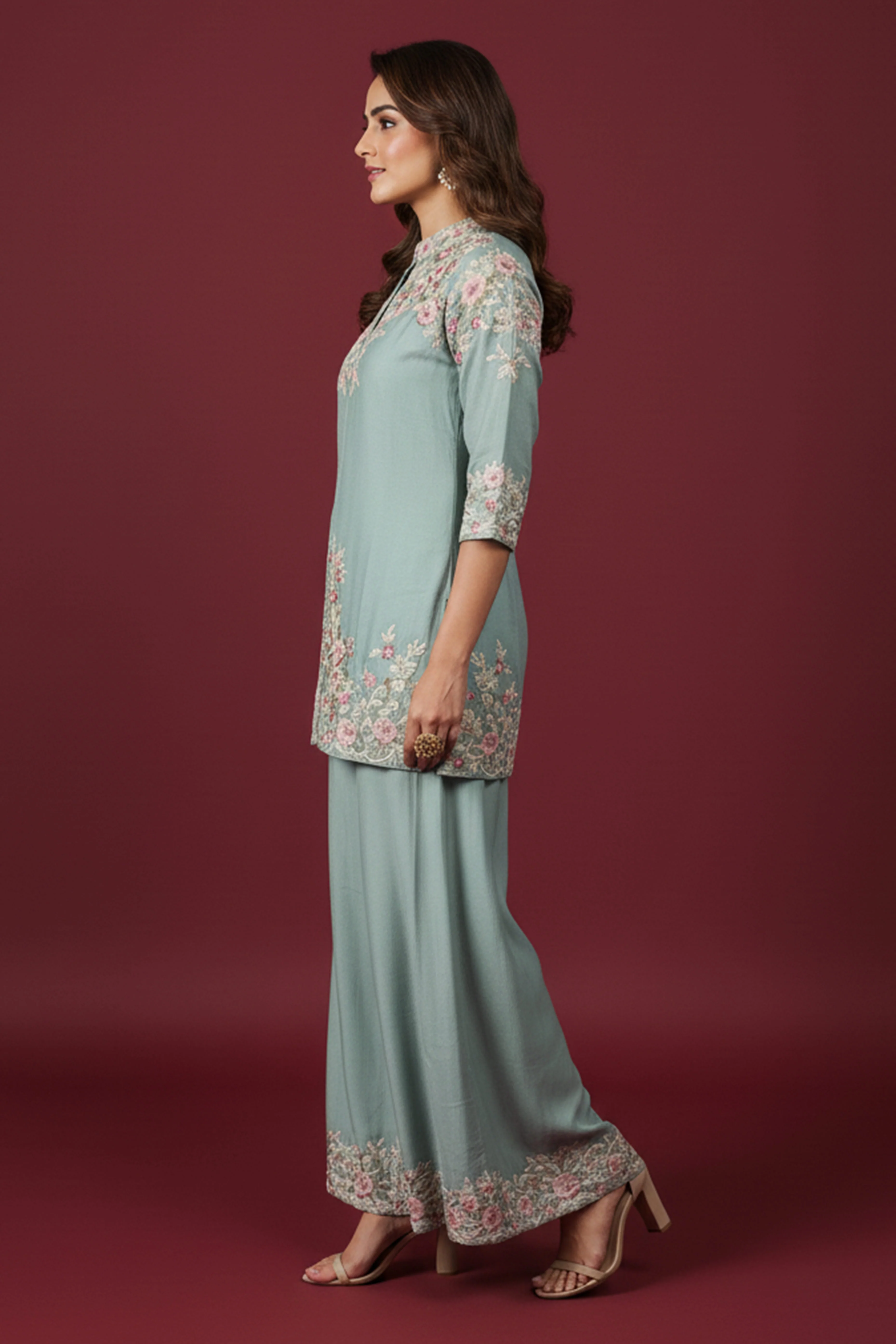 Sky Blue Heavy Embroidered Chinon Top & Bottom Set with Thread Work Detailing - Image 4