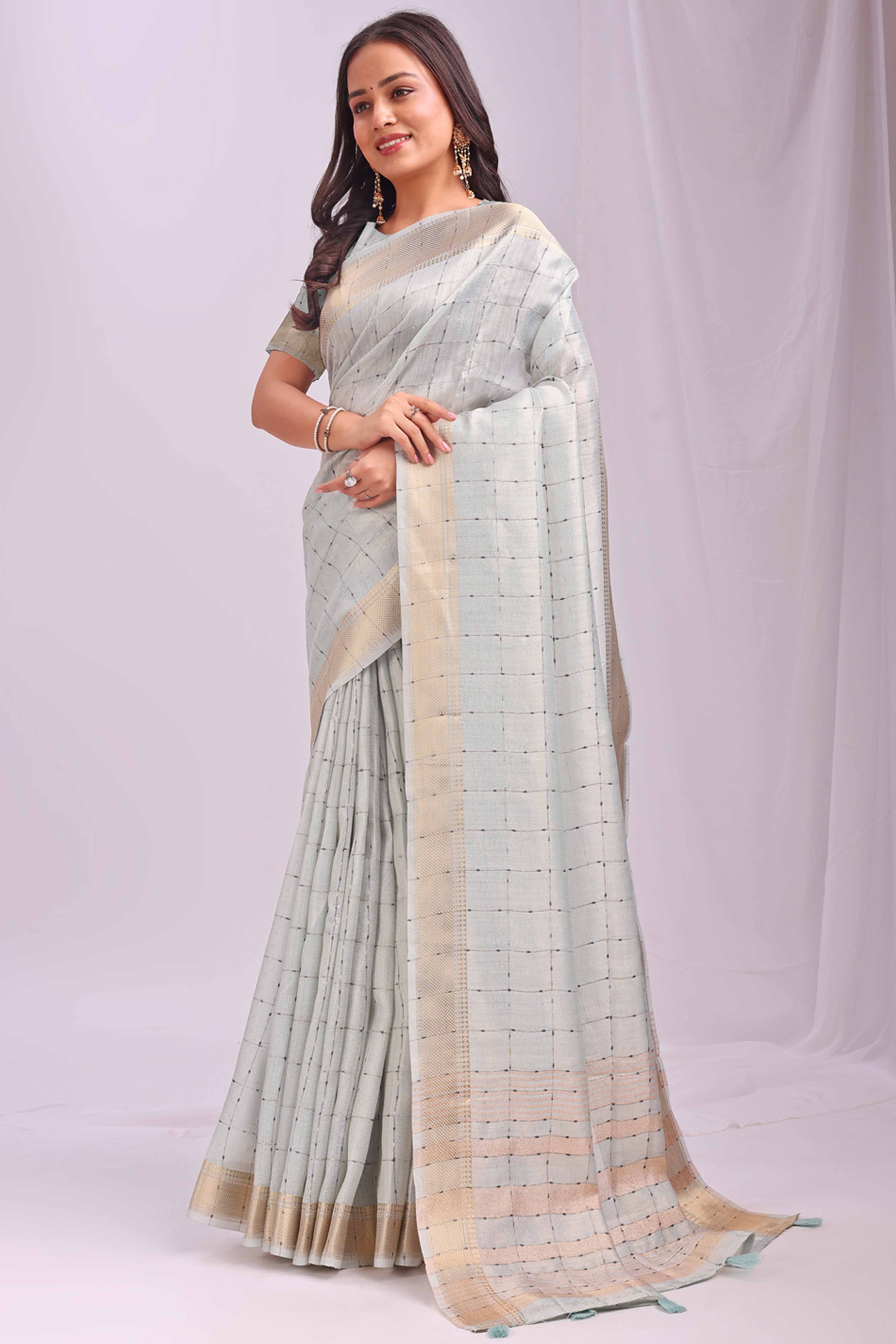Sky Blue Lightweight Organza Saree with Rich Zari Checks Pattern - Image 3