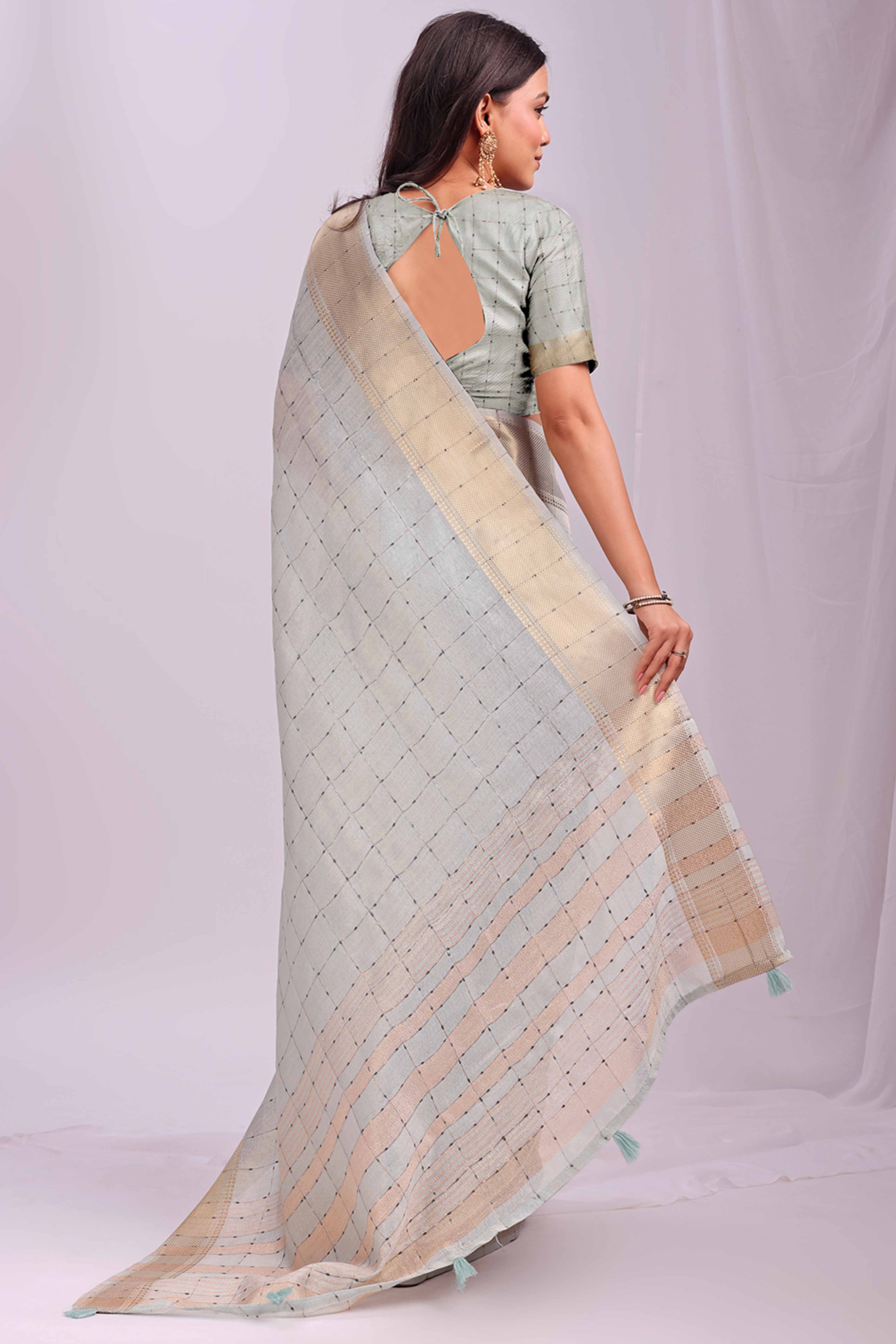 Sky Blue Lightweight Organza Saree with Rich Zari Checks Pattern - Image 5