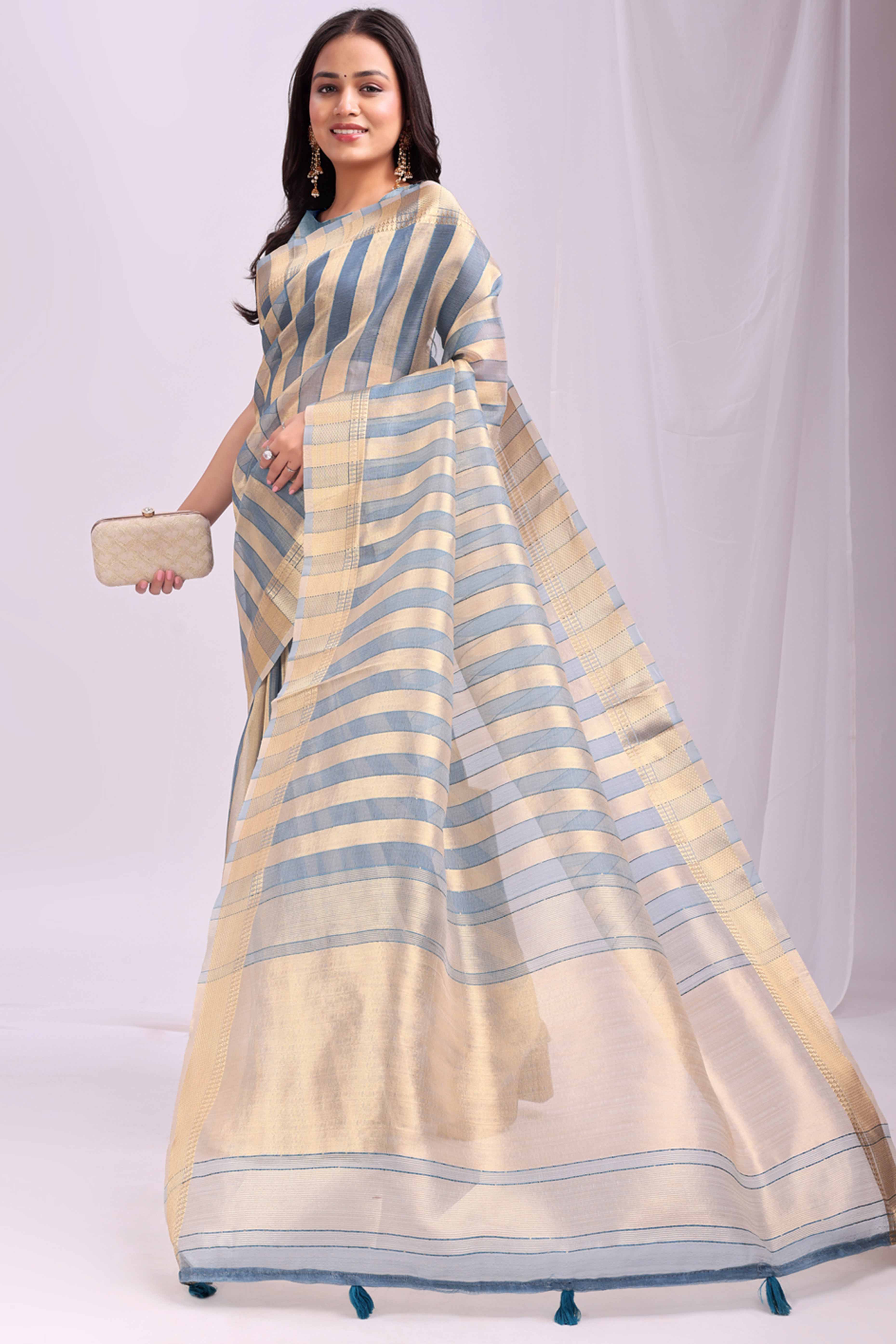 Sky Blue Lightweight Organza Saree with Rich Zari Stripes Pattern - Image 4
