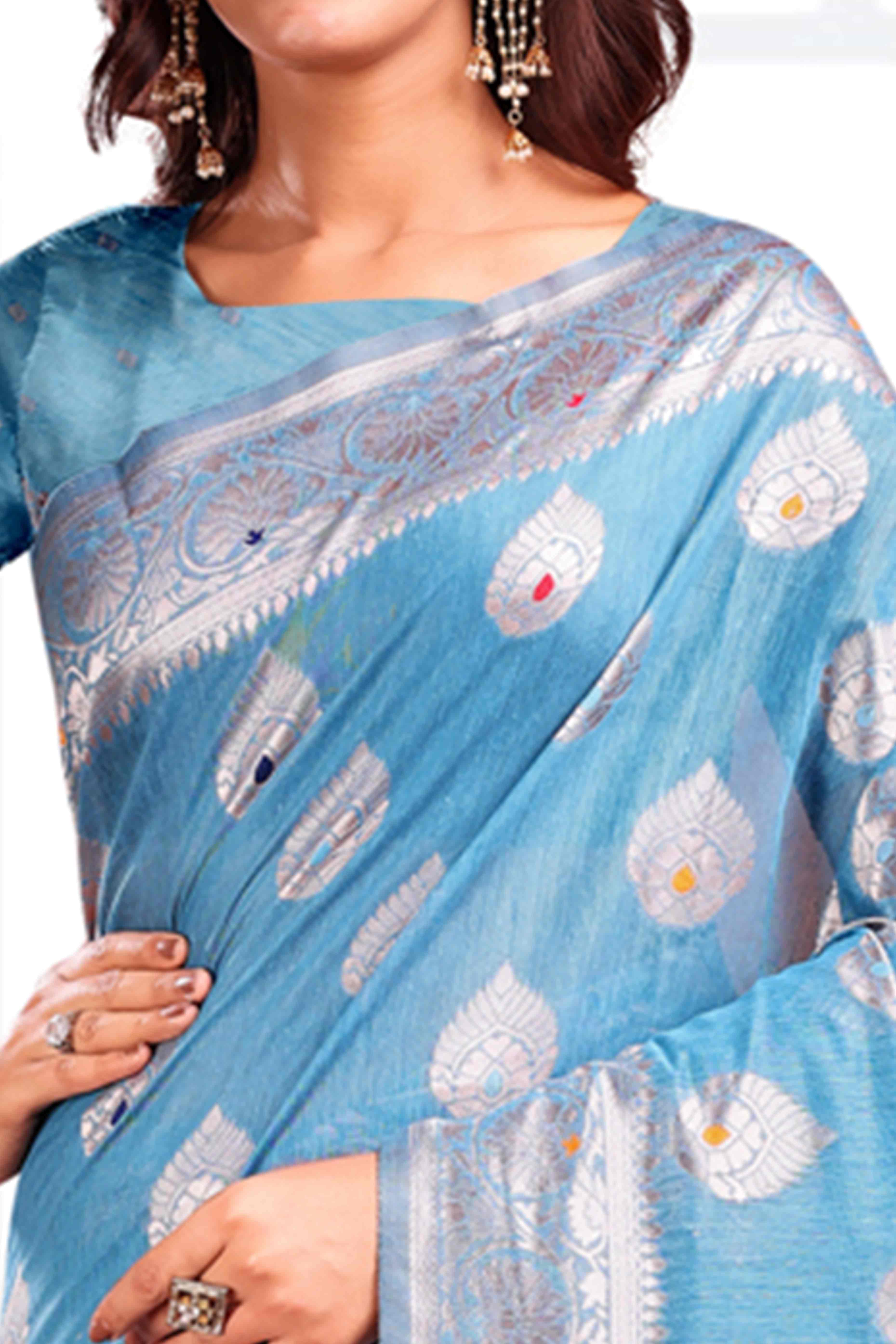 Sky Blue Linen Cotton Silk Saree Adorned With Intricate Floral Zari Weaving & Tassel Pallu - Image 2