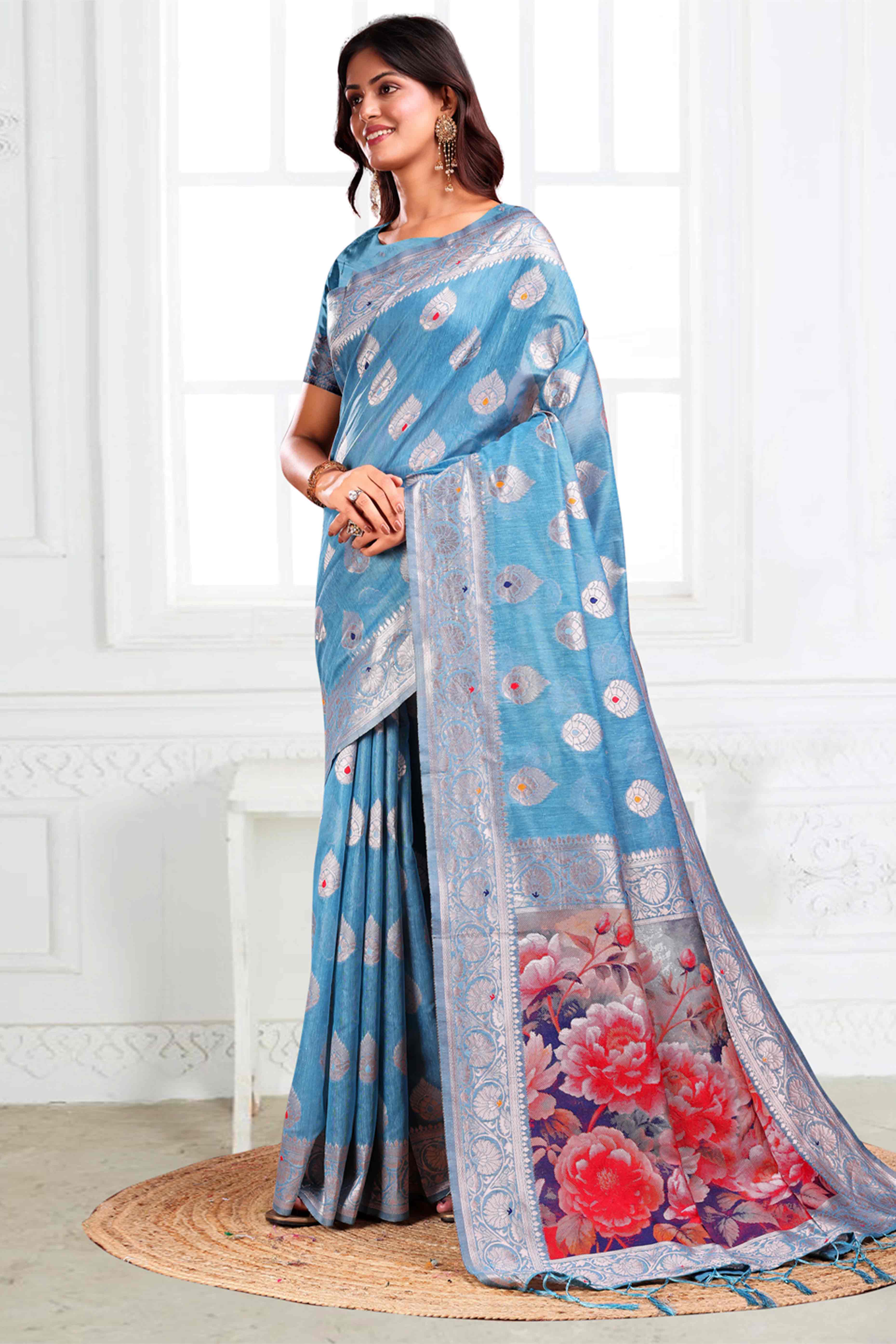 Sky Blue Linen Cotton Silk Saree Adorned With Intricate Floral Zari Weaving & Tassel Pallu - Image 3