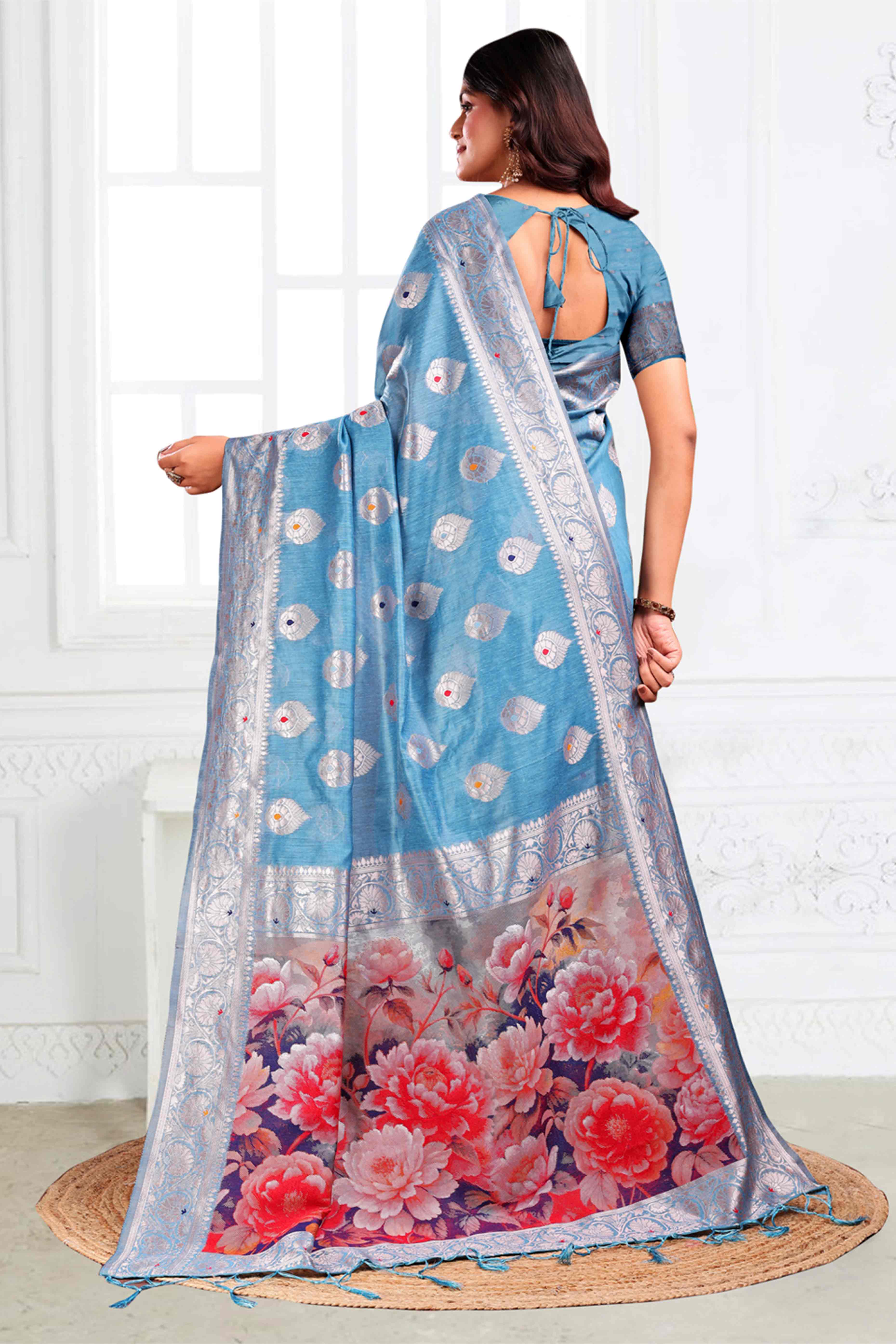 Sky Blue Linen Cotton Silk Saree Adorned With Intricate Floral Zari Weaving & Tassel Pallu - Image 4