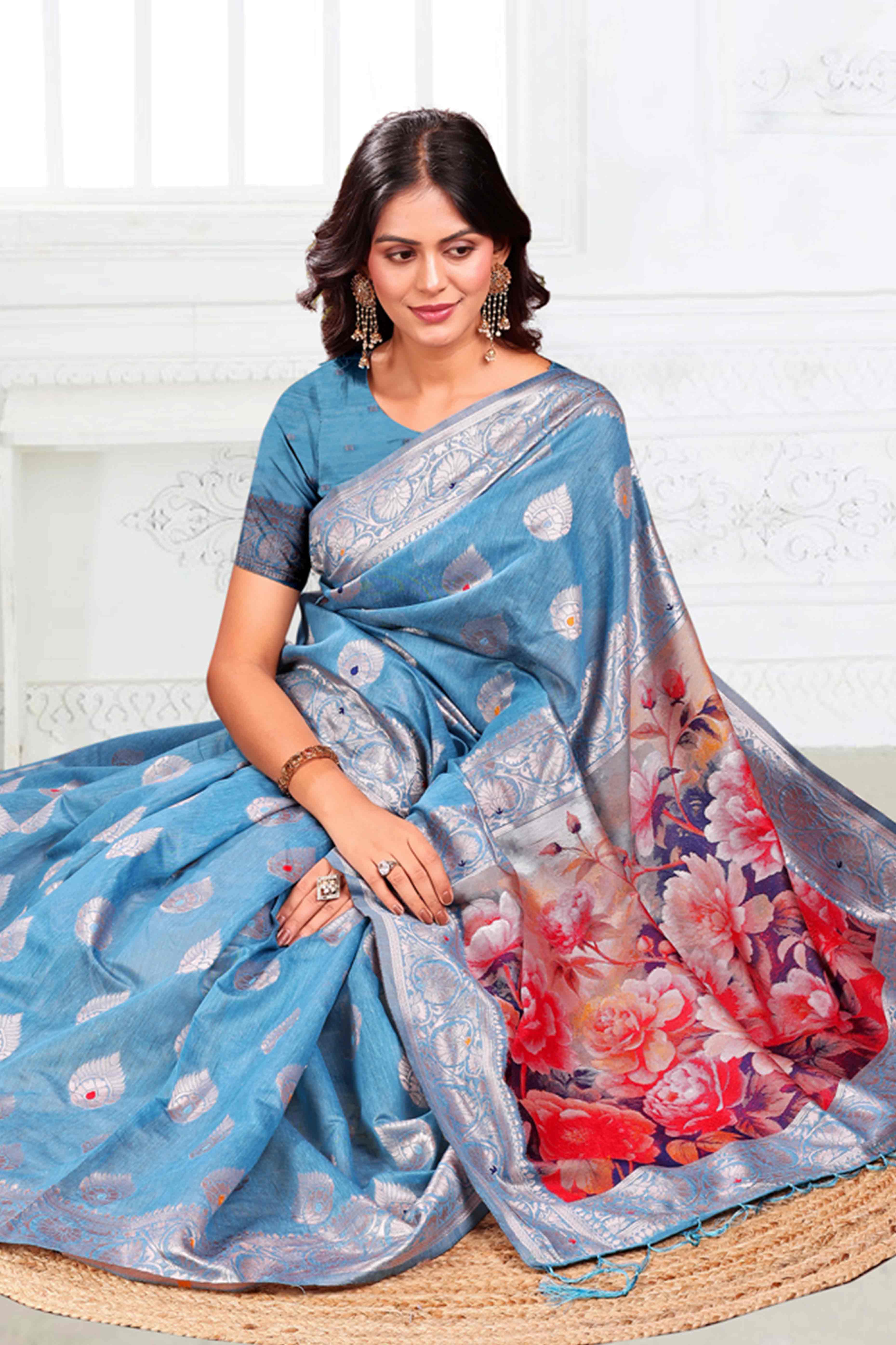 Sky Blue Linen Cotton Silk Saree Adorned With Intricate Floral Zari Weaving & Tassel Pallu - Image 5